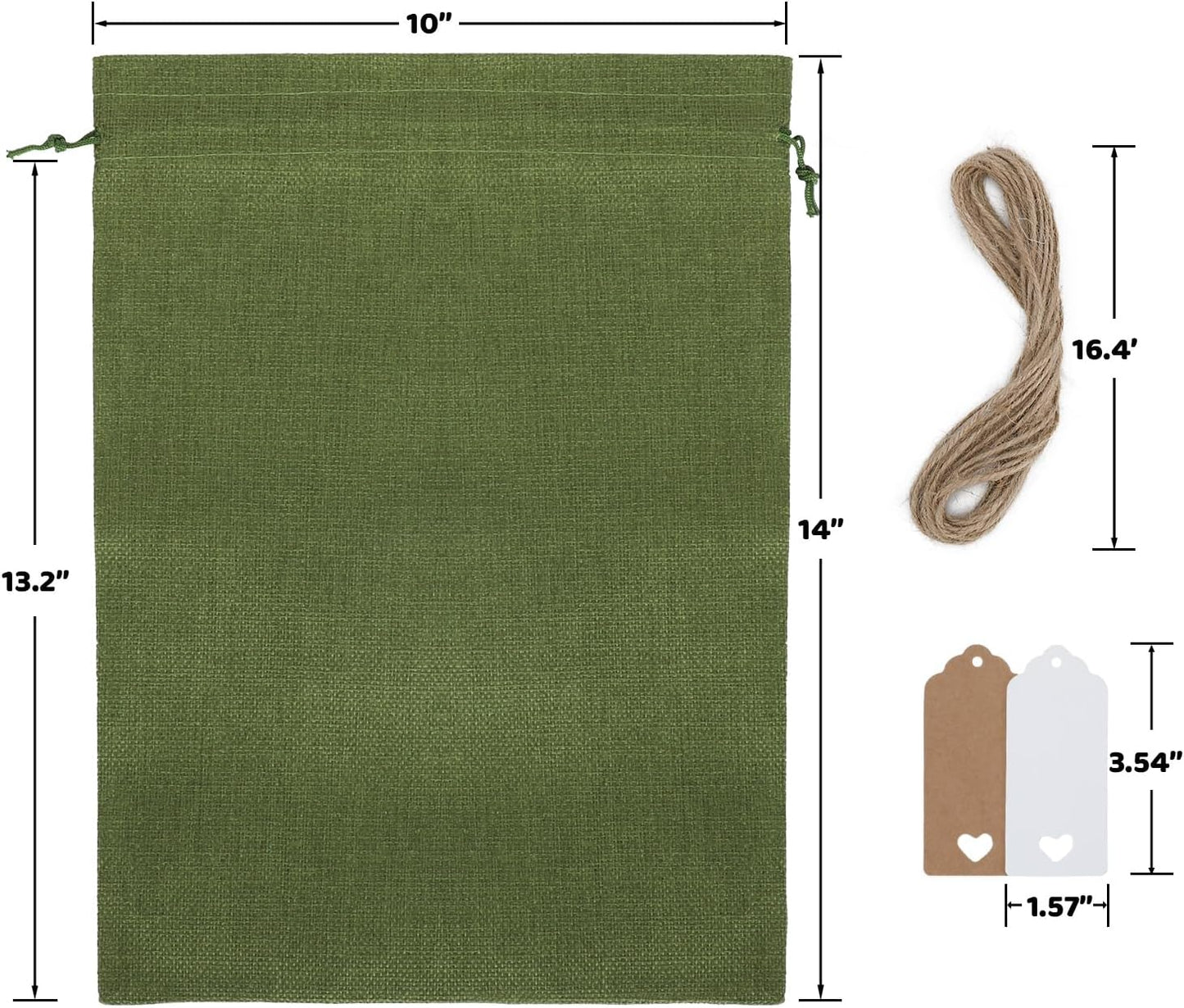 Tapleap Burlap Bags with Drawstring - 10Pcs 10x14 Green Gift Sacks for Wrapping Halloween Favors, Clothes, Toiletries, Breads, Root Ball, For Birthday, Wedding, Party or Household Use