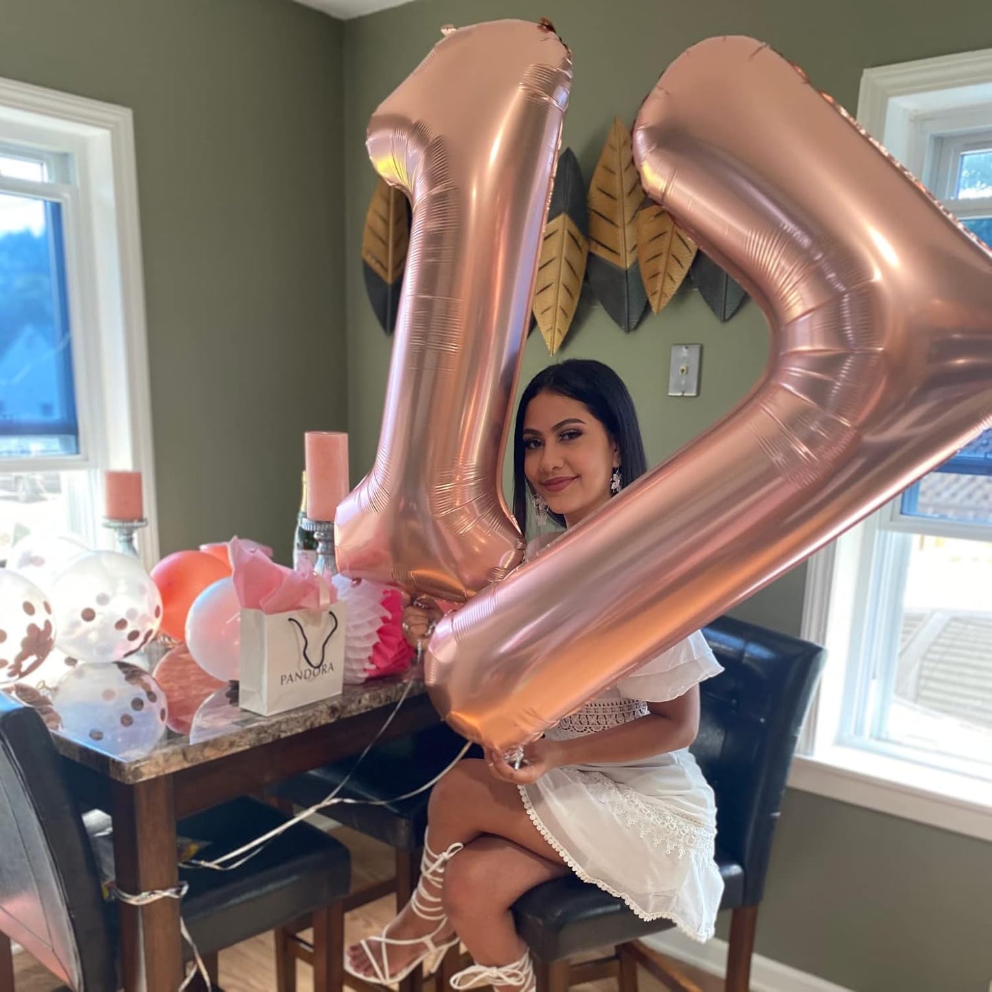 Rose Gold Number Balloons, 40inch Large Number 7 Foil Mylar Helium Balloons, Self Inflating Number Balloons 0-9 for Girls Women 7th 17th 70th Birthday Anniversary Party Graduation Decoration Supplies