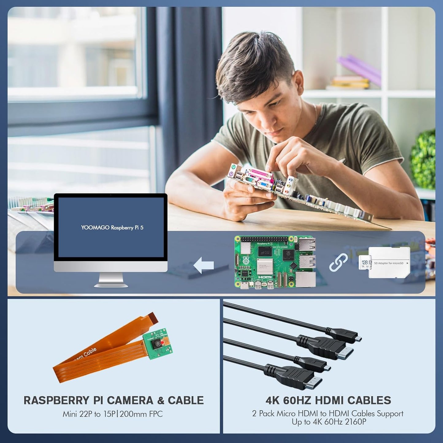 Raspberry Pi 5 Starter Kit with Pi 5 8GB RAM Board, 27W USB-C Power Supply, 128GB Card, Aluminum Case