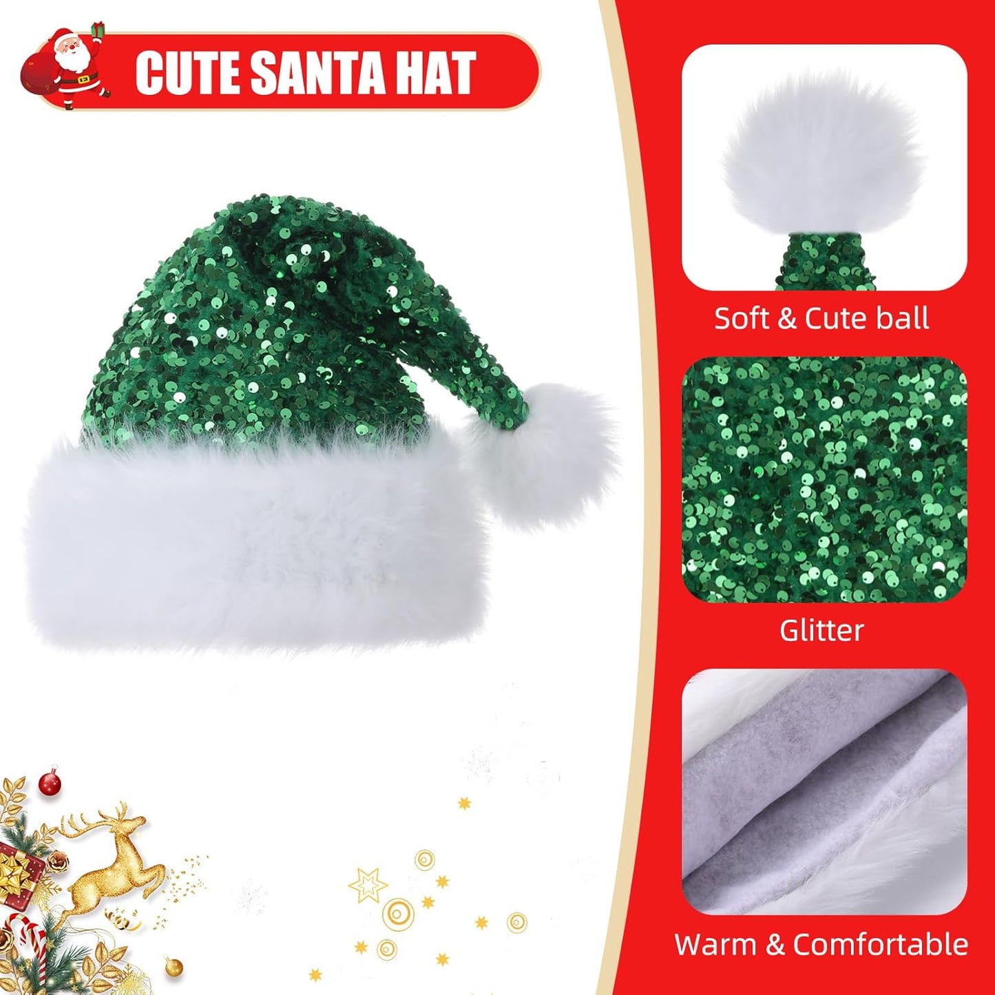 Personalized Sequin Santa Hat for Adults, Red Glitter Christmas Party Hat, Xmas Halloween New Year Holiday Headwear