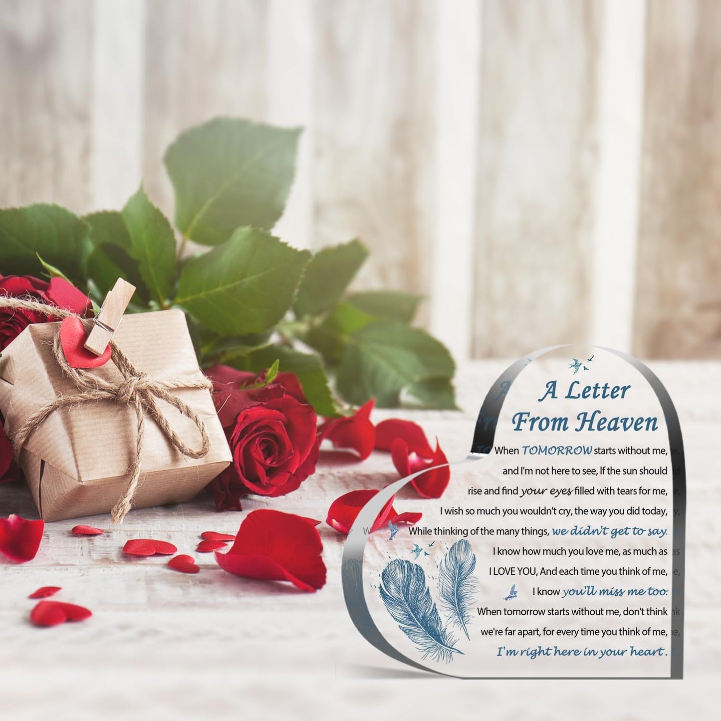 Sympathy Gifts - A Letter from Heaven- Memorial Gift for Loss of Mother Father Husband Son, Acrylic Heart Keepsake,Remembrance Sympathy Gifts （Feather）