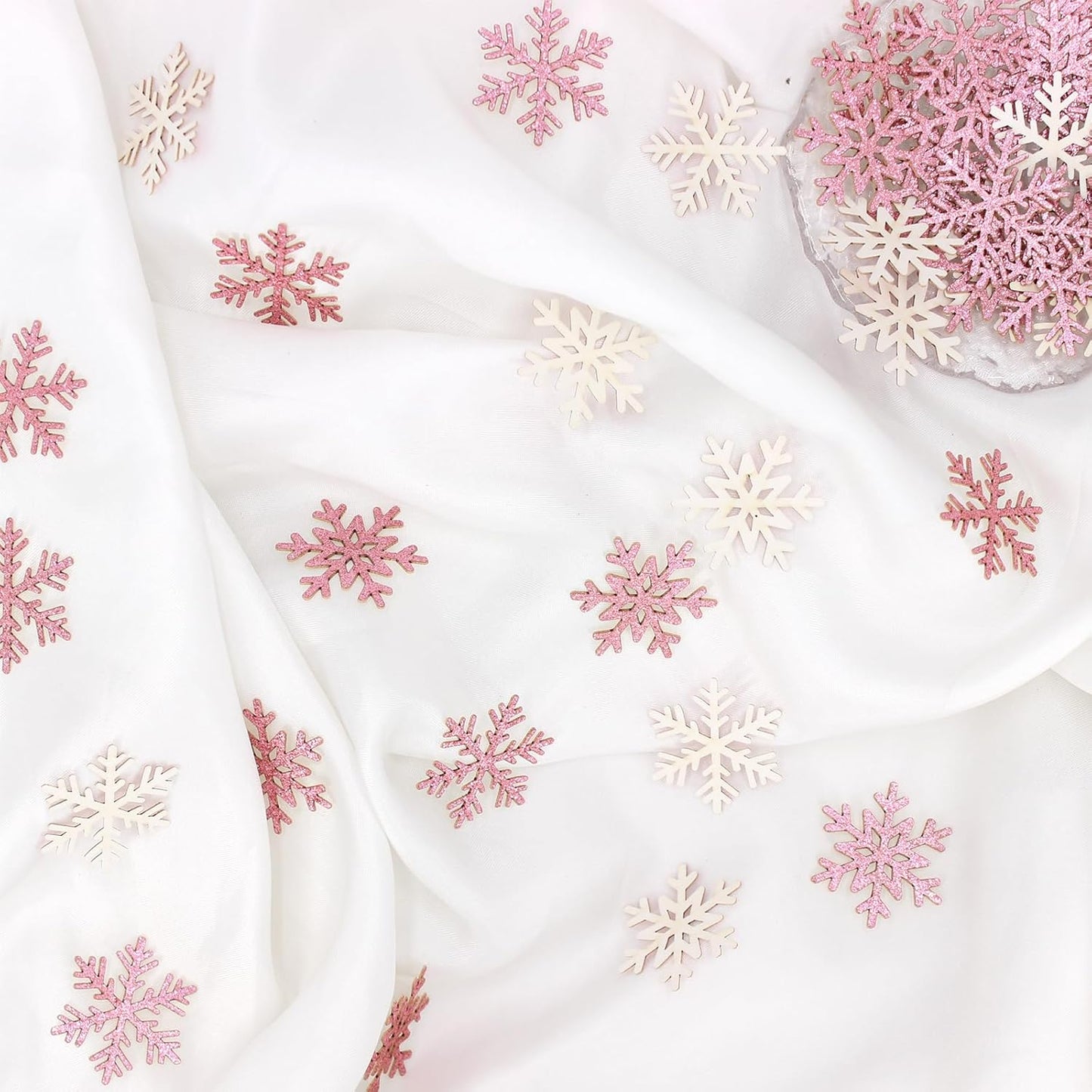 200PC Pink Glitter Snowflake Confetti Winter Onderland Decorations Paper Snowflakes Table Scatter for Winter Wonderland Birthday Baby Shower Party Decor
