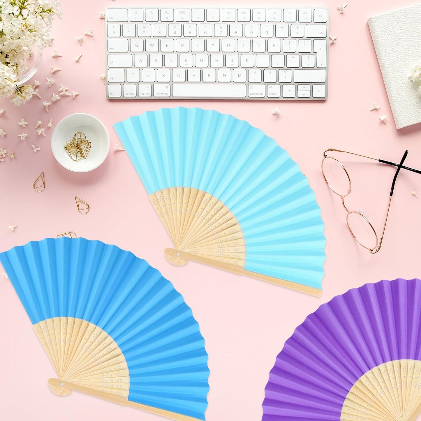 24 Pieces Hand Held Bamboo Folding Fans Paper Fans Handheld for Women Foldable Girls Wedding Decoration Church Home Party Favors Summer (Multicolor)