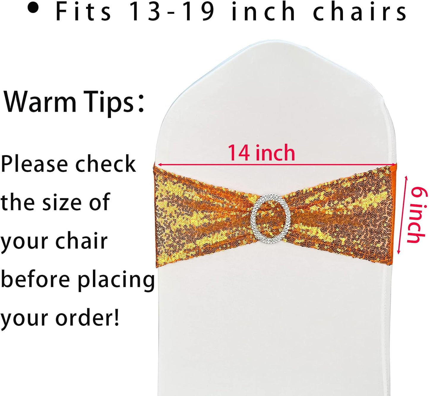 Chair Sashes Sequin Stretch Chair Bands Spandex Polyester Bows for Party Hotel Wedding Banquets Decoration - 6 Pcs Orange