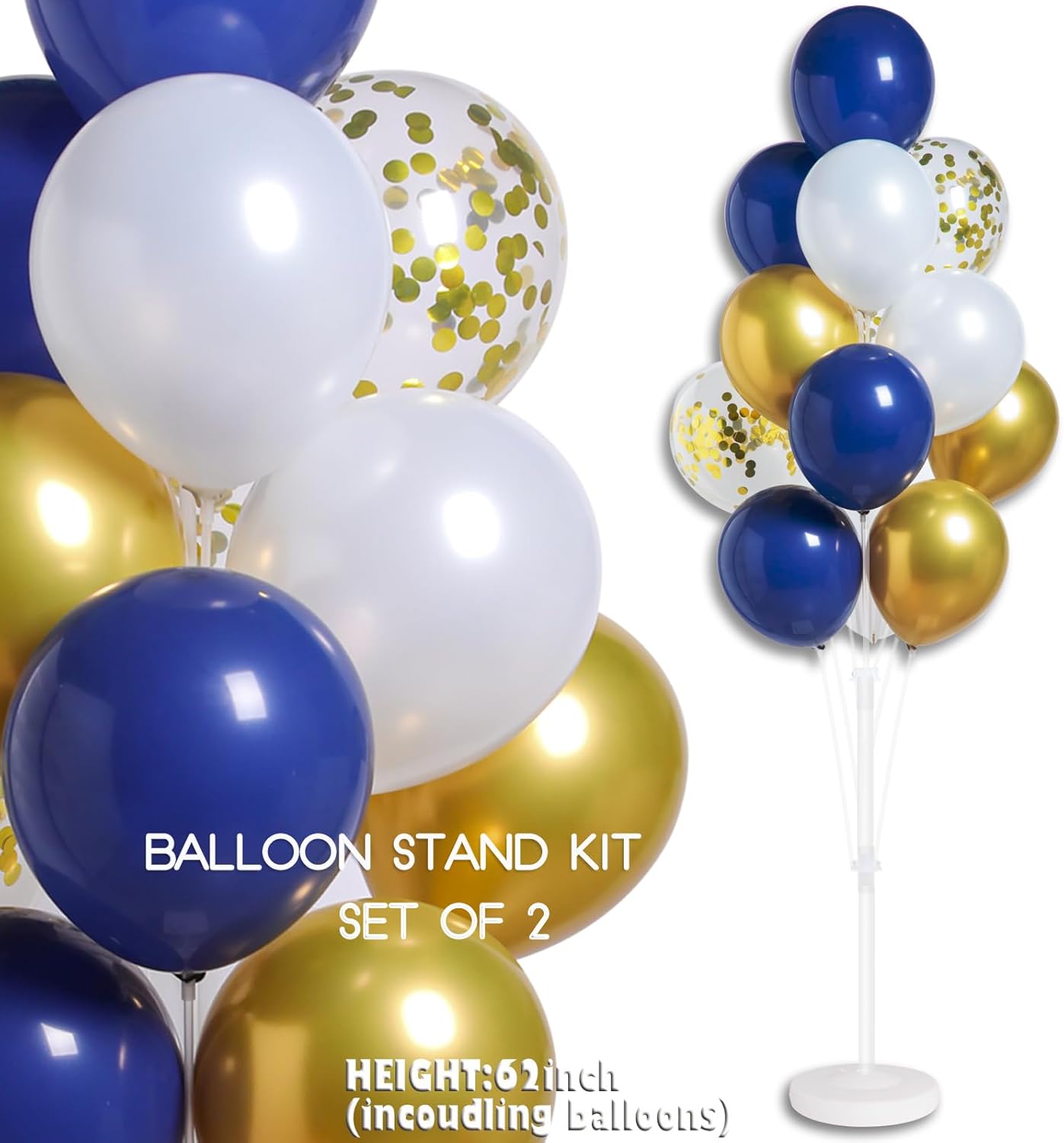 Navy Blue Gold Confetti Balloon Column Stand Kit Set of 2 Included-Balloon Sticks with Base&Pole,Backdrop Decoration for Metallic Chrome Wedding, Baby Shower,Birthday,Anniversary Party