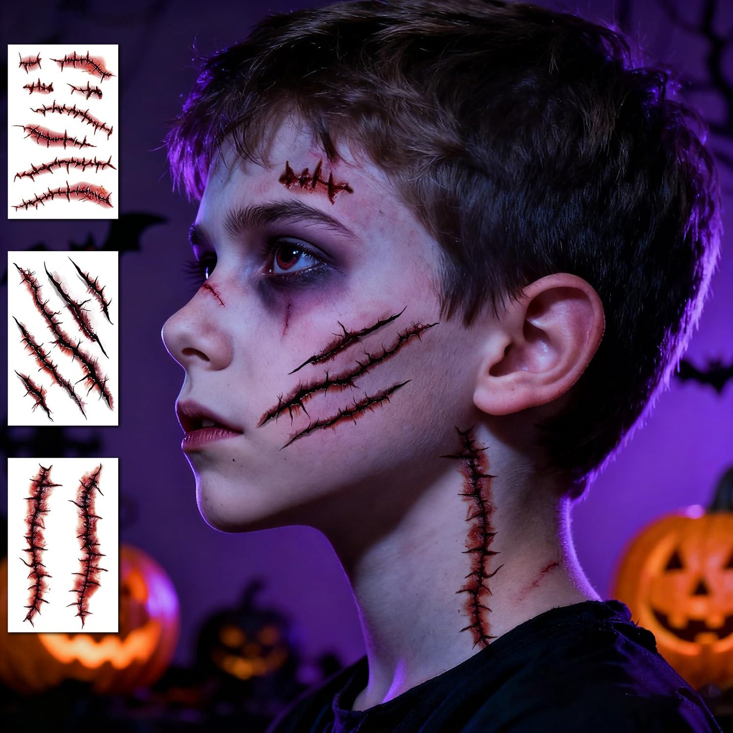 JCFIRE 12 Sheets Halloween Makeup Kit, Fake Scars Halloween Temporary Tattoos for Kids Adults, Zombie Costume for Kids Women, Tattoos Stickers Party Decorations Supplies Accessories