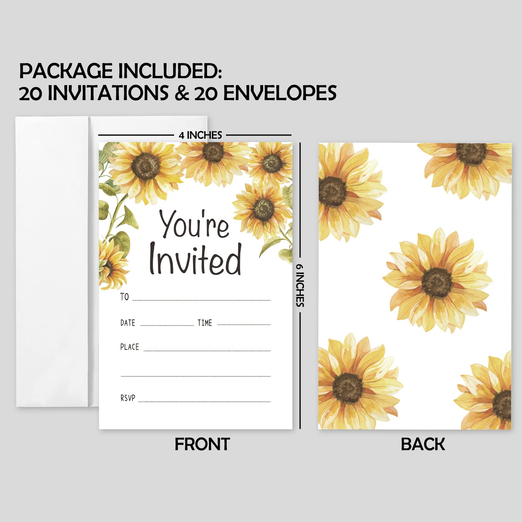 20 Sets You're Invited Sunflower Invitations With Envelopes,Sunflower Rustic Double-sided Printed