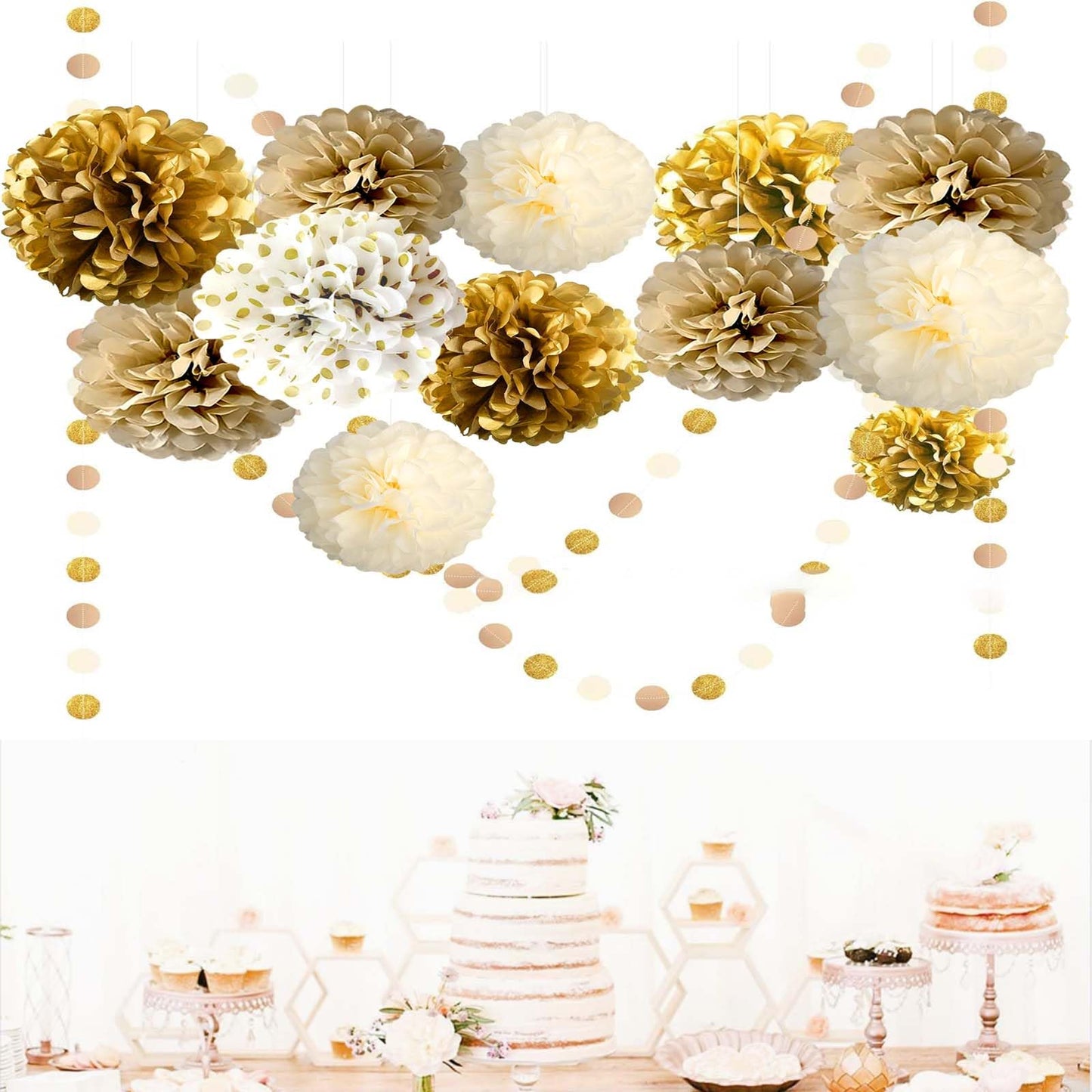 12-Piece Set of Gold and White Hanging Tissue Paper Pom Poms for Engagement, Wedding, Birthday
