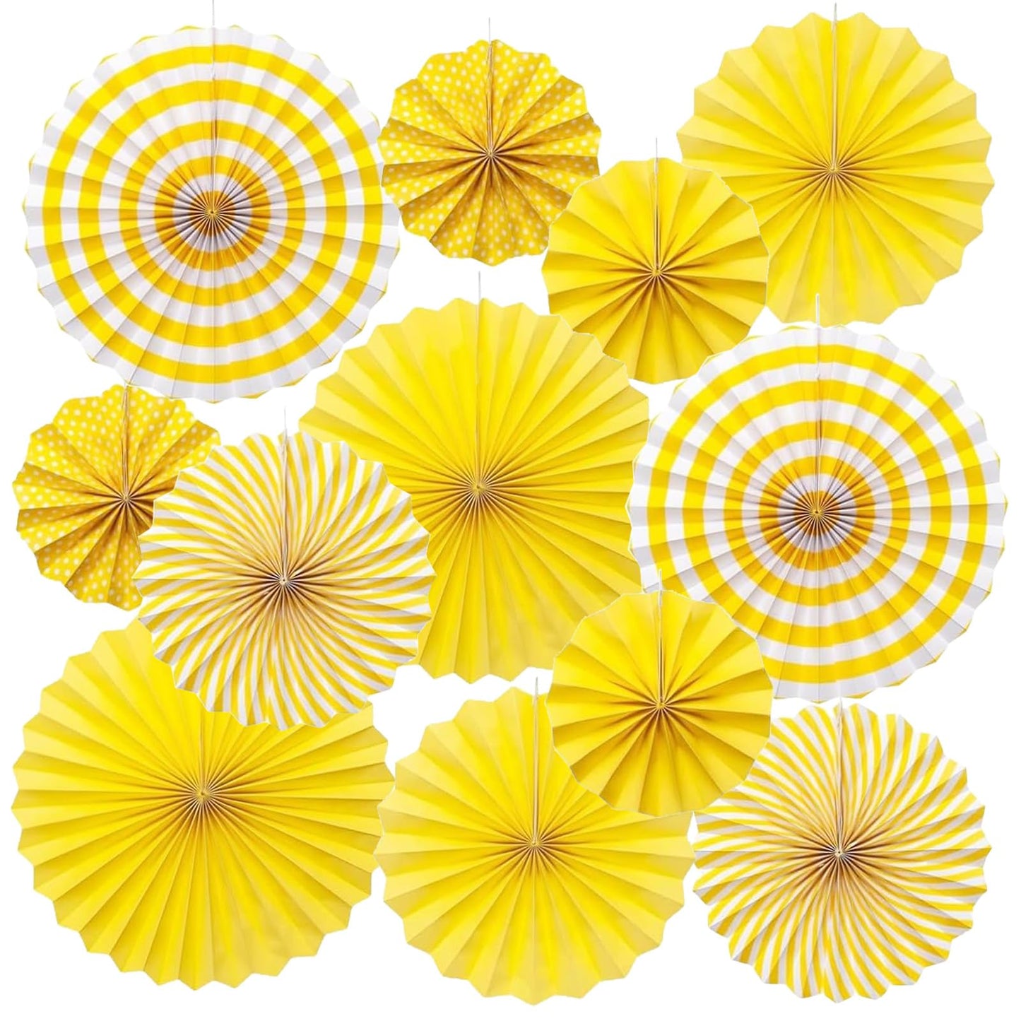 INPLUSTOP 12PCS Party Hanging Paper Fans Set, Yellow Round Pattern Fan Garland, Paper Fan