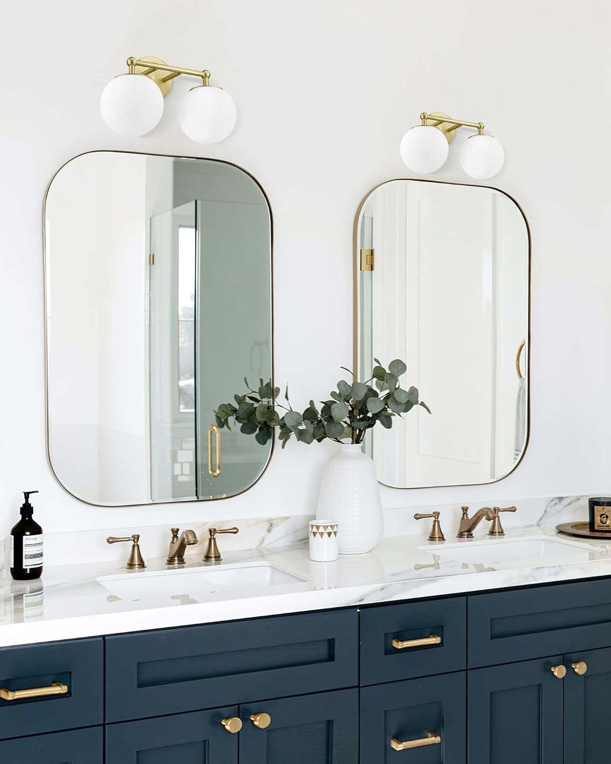 Gold Bathroom Light Fixtures, 2-Light Vanity Lights Over Mirror Wall Sconce with White Etched Glass Globe, KW-7308-2