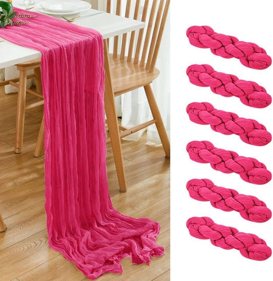 6 Pack Hot Pink 10Ft Cheesecloth Table Runner 20x120 Inch Boho Wrinkled Sheer Romantic Gauze Decor for Wedding, Bridal Shower, Birthday Party