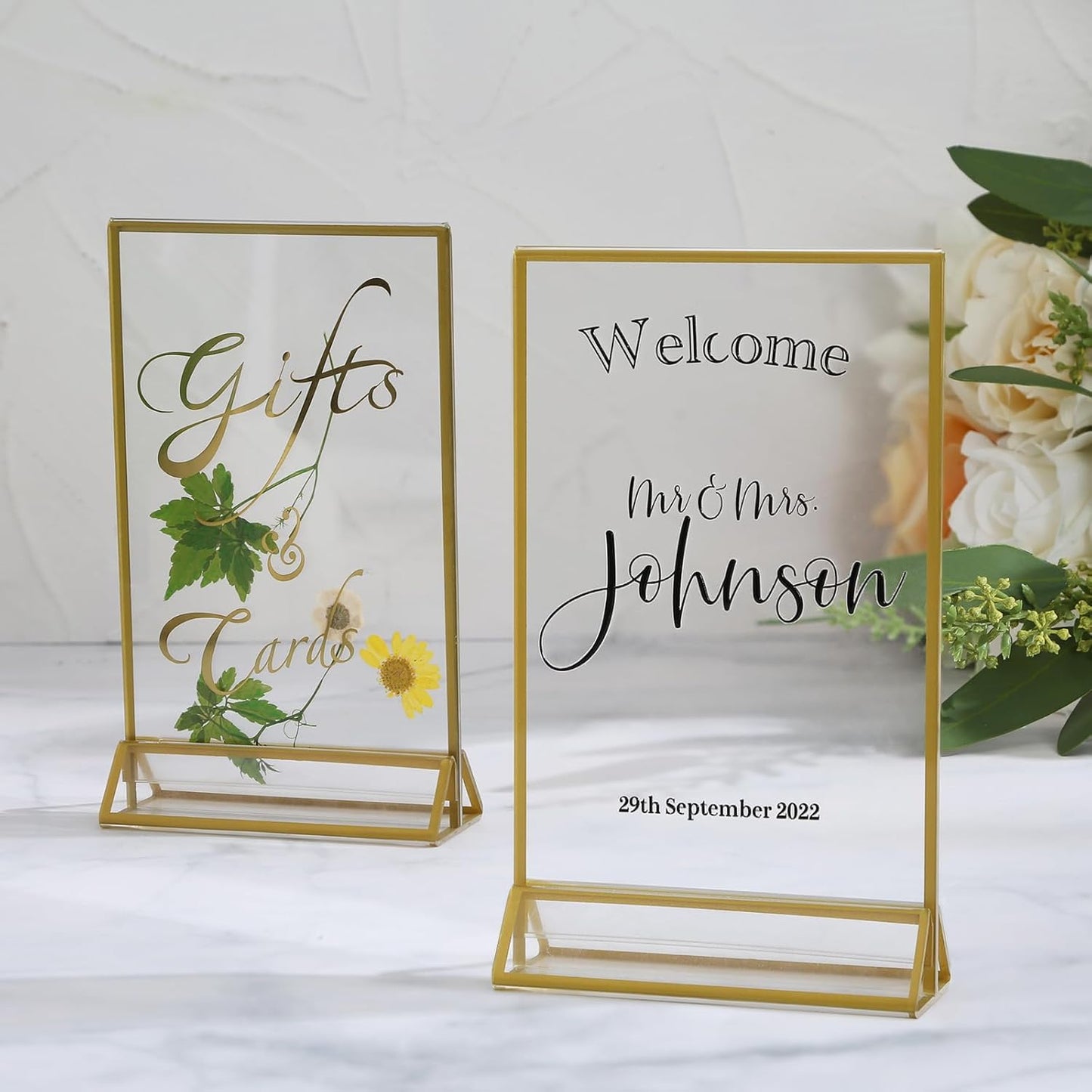 UNIQOOO Acrylic Sign Holders with Golden Border, Portrait View, Pack of 12 | 4x6 Inches Double Sided Clear Frame, Perfect for Wedding Reception, Centerpiece, Decoration, Party,Anniversary, Event