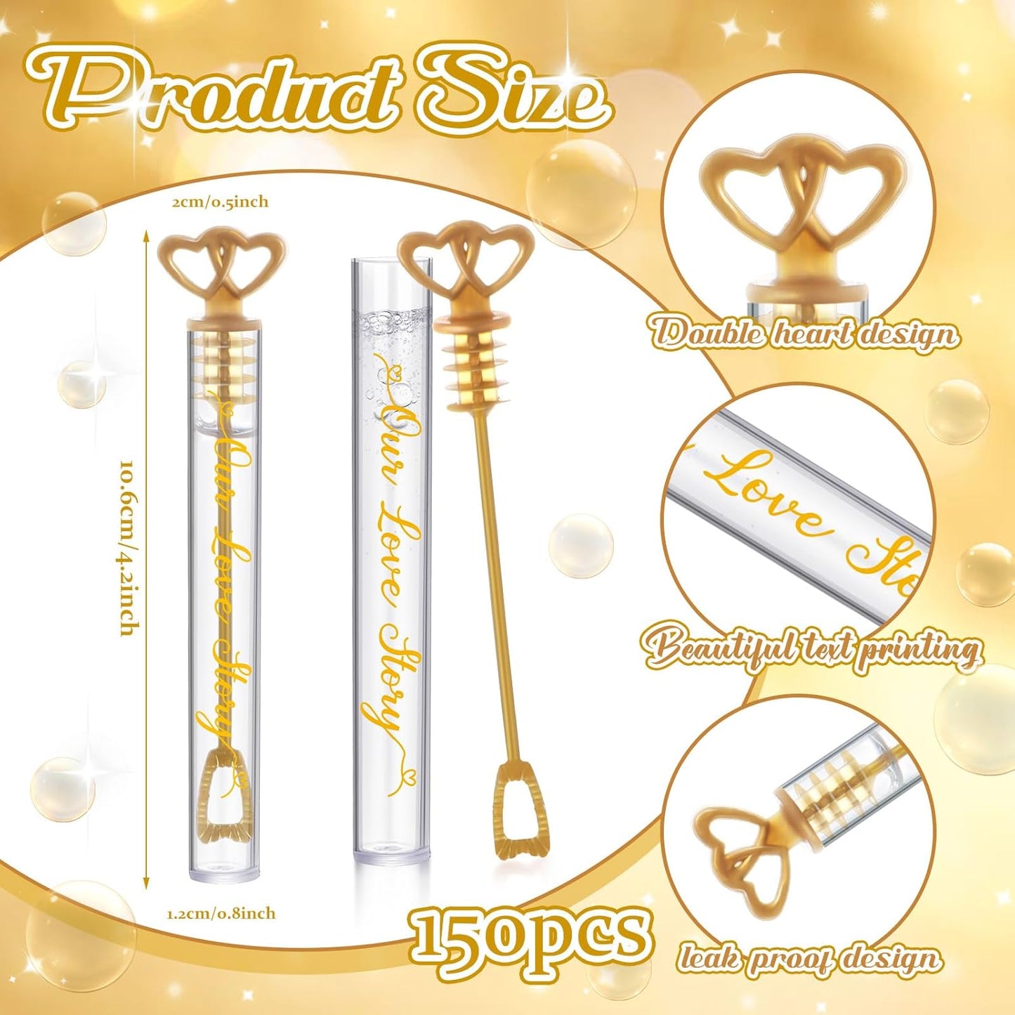150 Pcs Bubble Wands Bulk for Wedding Party Mini Heart Wand with Bubble Solution for Wedding Bridal Showers Valentine Anniversary Graduation Birthday Supplies (Gold,Our Love Story)