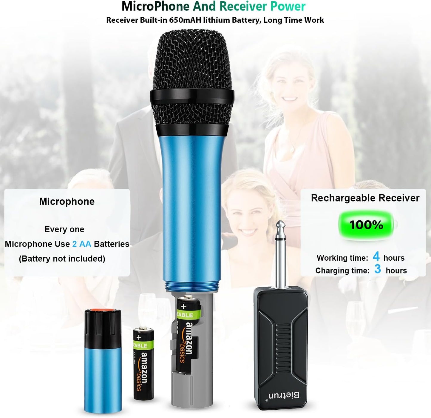 Wireless Microphone, Bietrun UHF Metal Dual Handheld Cordless Dynamic Mic System with Rechargeable Receiver, 1/4‘’Output, for Karaoke, Church, Speech, Wedding, Party Singing(160 ft Range)-Auto Connect