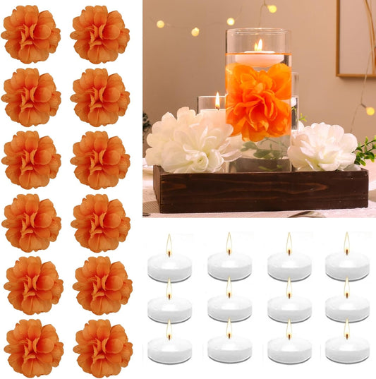 24 Pcs Floating Candles for Centerpieces and Floating Flowers Artificial Flowers Head Vase Filler for Party Home Table Wedding Centerpieces Decoration (Orange)