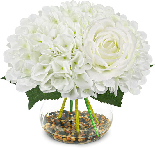 N&T NIETING Artificial Hydrangea Flowers with Vase White Fake Flowers with Rose Faux Hydrangea Flowers with Faux Water Real Stone for Home Office Table Room Wedding Centerpiece Decorations