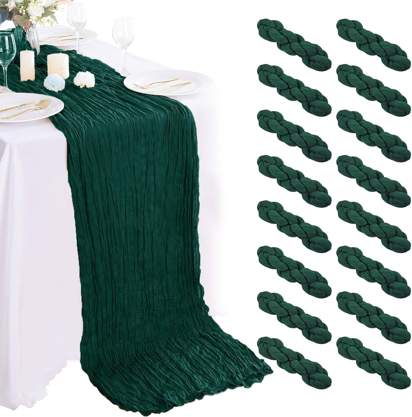 Emerald Green Cheesecloth Table Runner - 10FT x 35Inch Boho Gauze - 16PCS - Rustic Sheer Table Decor for Wedding, Party, Baby, Bridal Shower