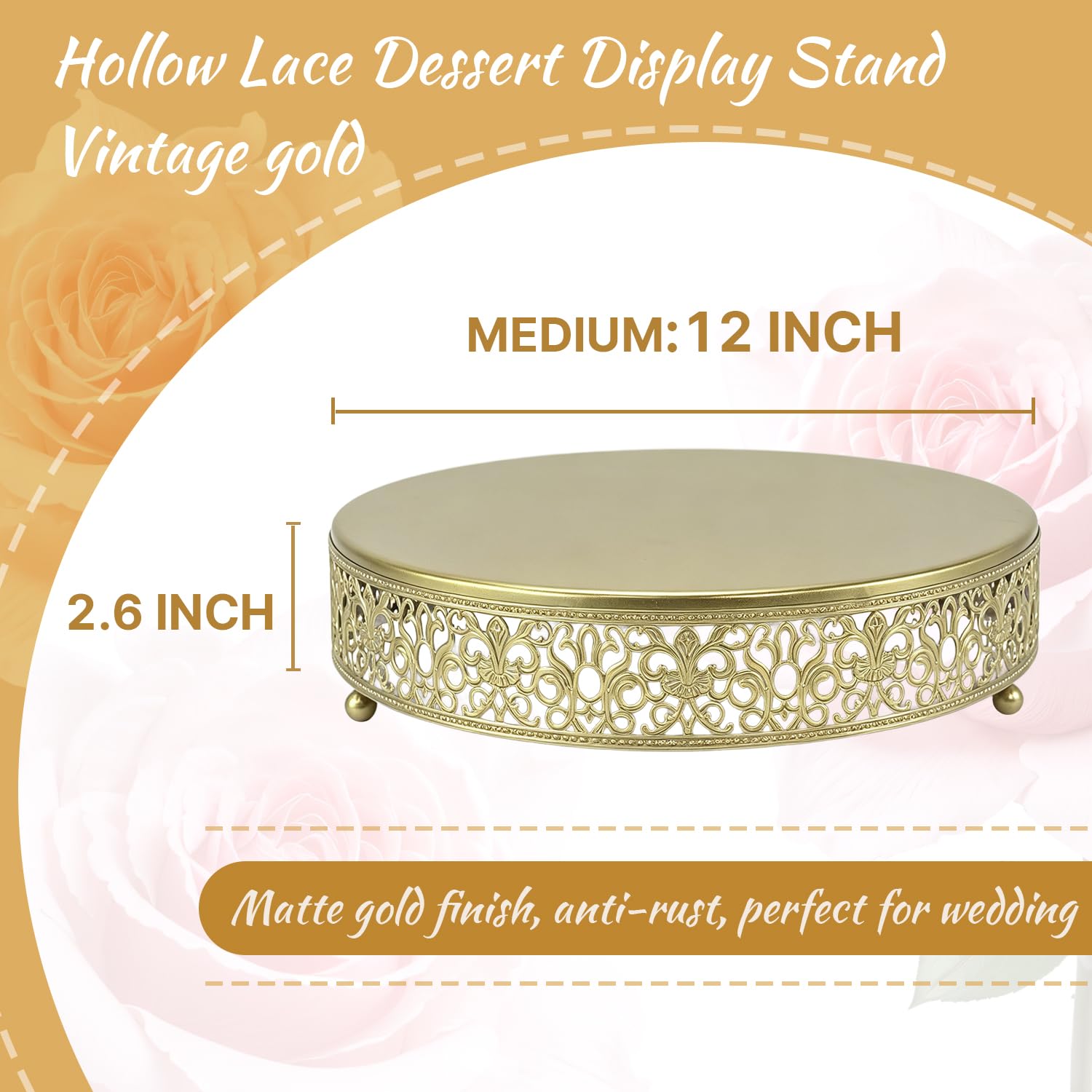 FEICTPOX 12 Inch Luxury Light Gold Cake Stand, Round Metal Dessert Display with Ornate Filigree