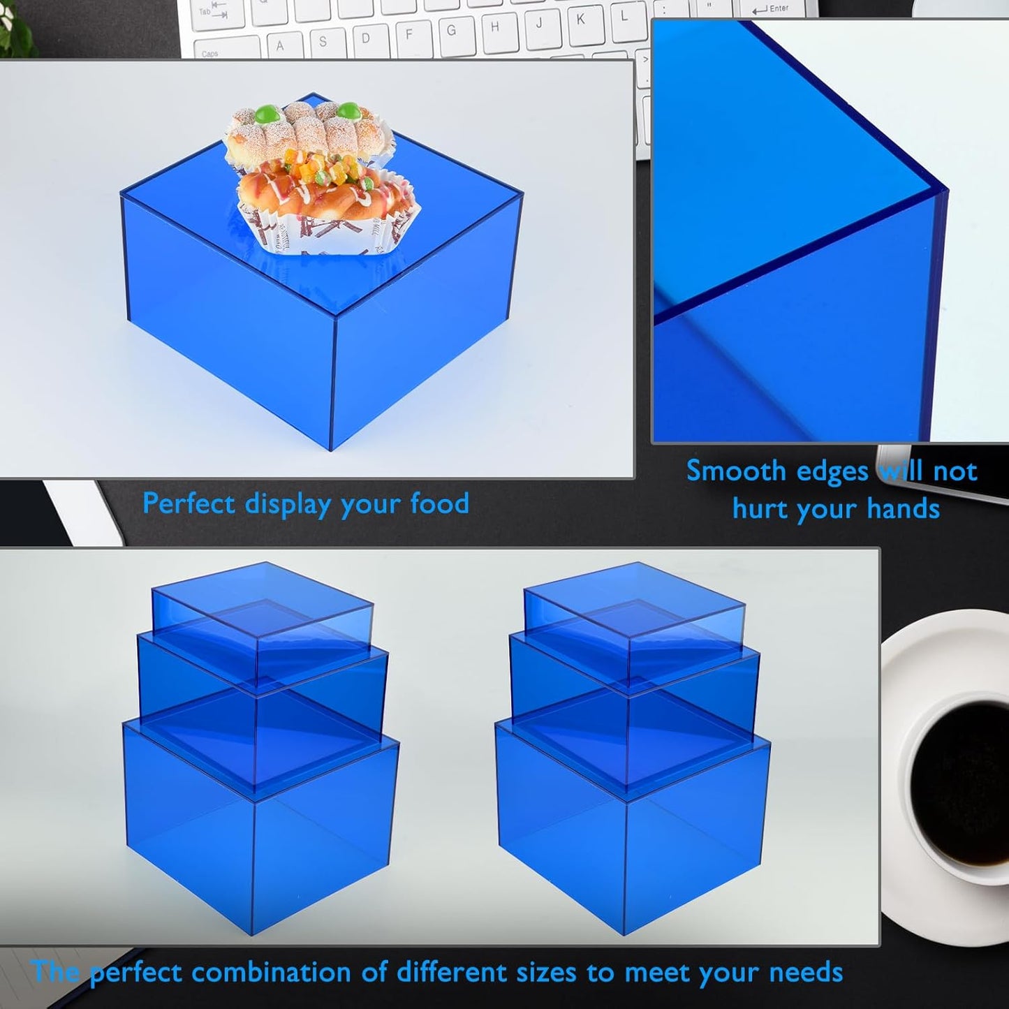 3Pcs Blue Buffet Risers Acrylic Boxes Display Food Risers for Buffet Table Platter Parties Weddings Catering Dessert Collectibles Figures Show ( 6''x7''x8'')