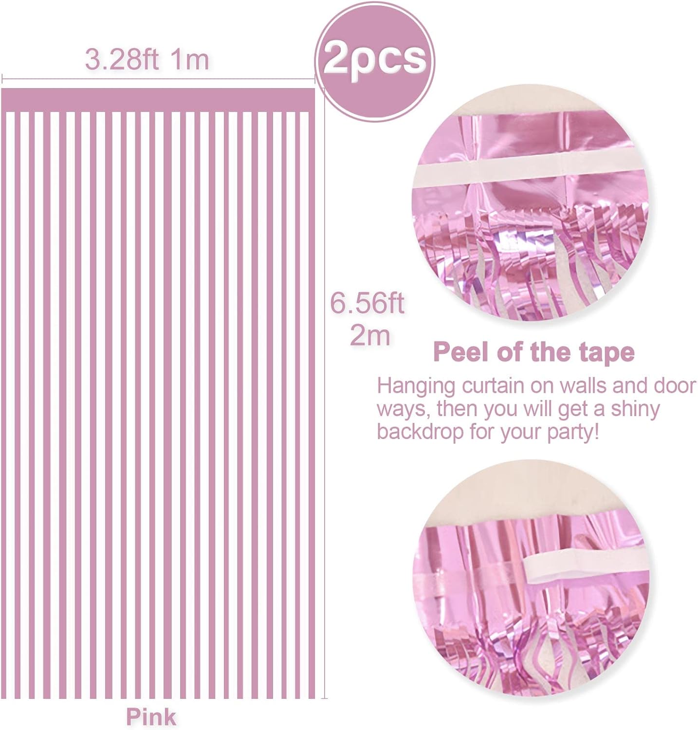 2 Pcs Pink Metallic Tinsel Foil Fringe Curtains Backdrop, 3.28 ft x 6.56 ft Streamers for Birthday Gender Reveal Wedding Photo Booth Bachelorette Party Bridal Shower Baby Shower Decorations Supplies