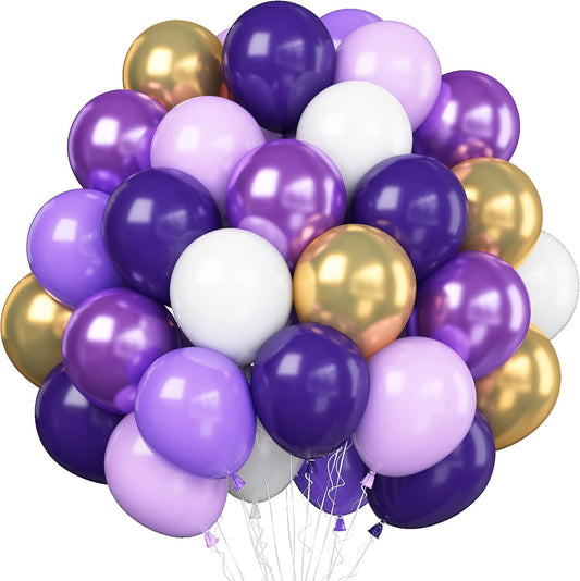 Purple and Gold Balloons, 50pcs 12 Inch Purple Gold White Balloons Metallic Purple Balloons Pastal Purple White Balloons for Purple Birthday Decorations Shower Princess Theme Party Decorations