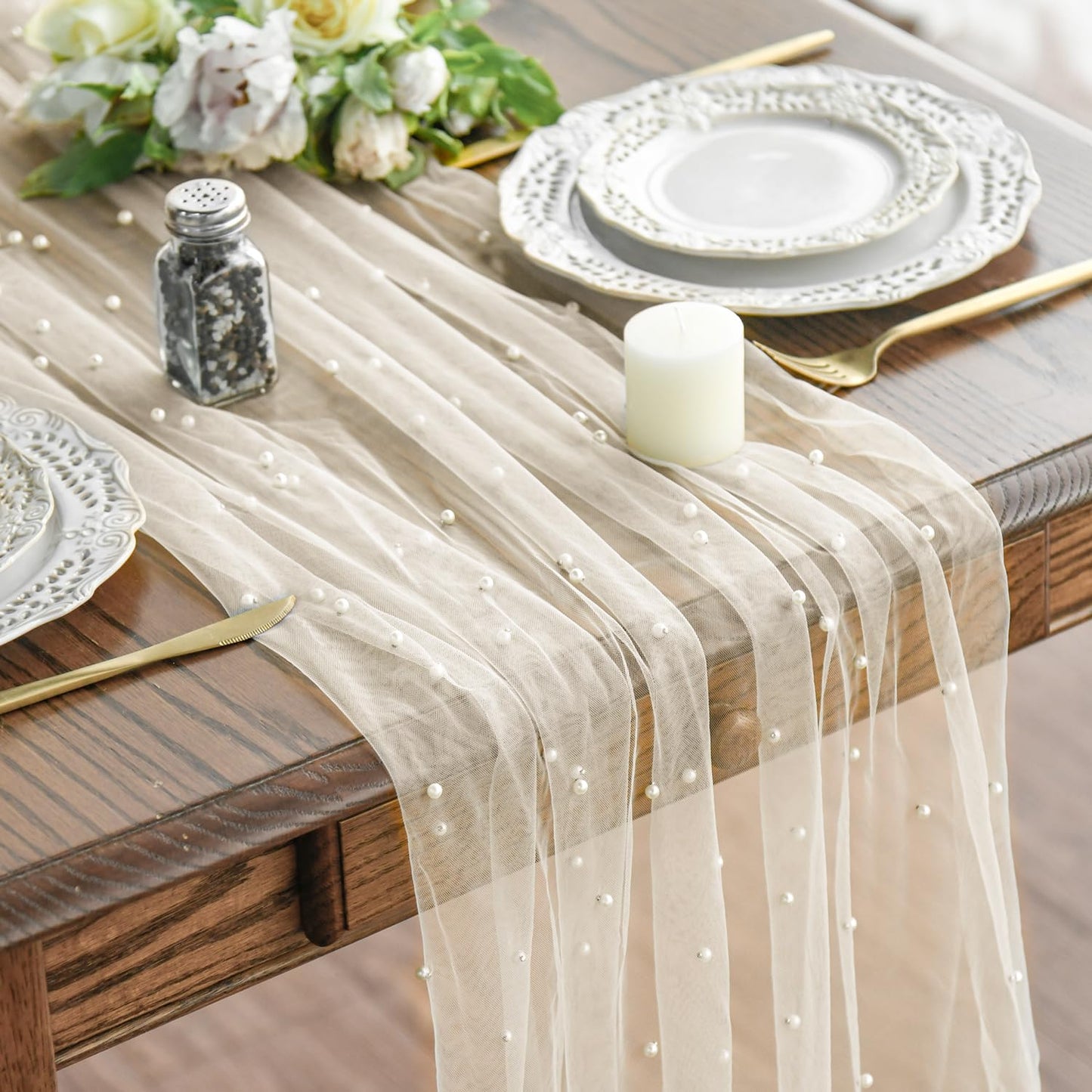 Artoid Mode Pearl Beige Gauze Table Runner 120 Inch 10FT, Seasonal Sheer Dining Holiday Wedding