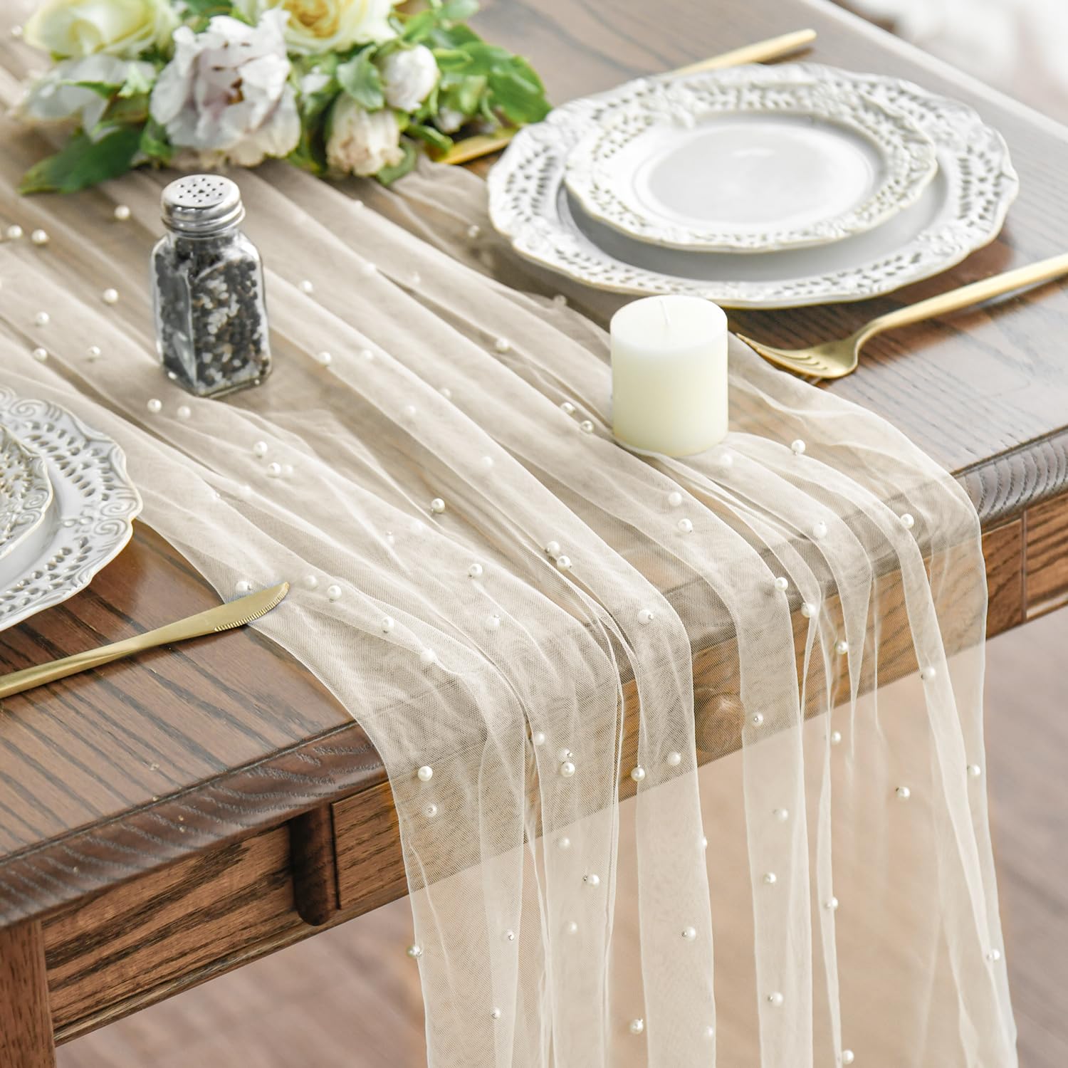 Artoid Mode Pearl Beige Gauze Table Runner 120 Inch 10FT, Seasonal Sheer Dining Holiday Wedding