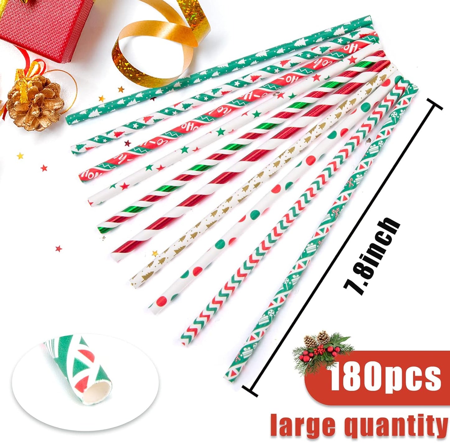 HANSGO Christmas Paper Straws, 180PCS Christmas Drinking Straws Striped Decorative Straws Bulk for New Year Christmas Party Company Annual Meeting Drinking
