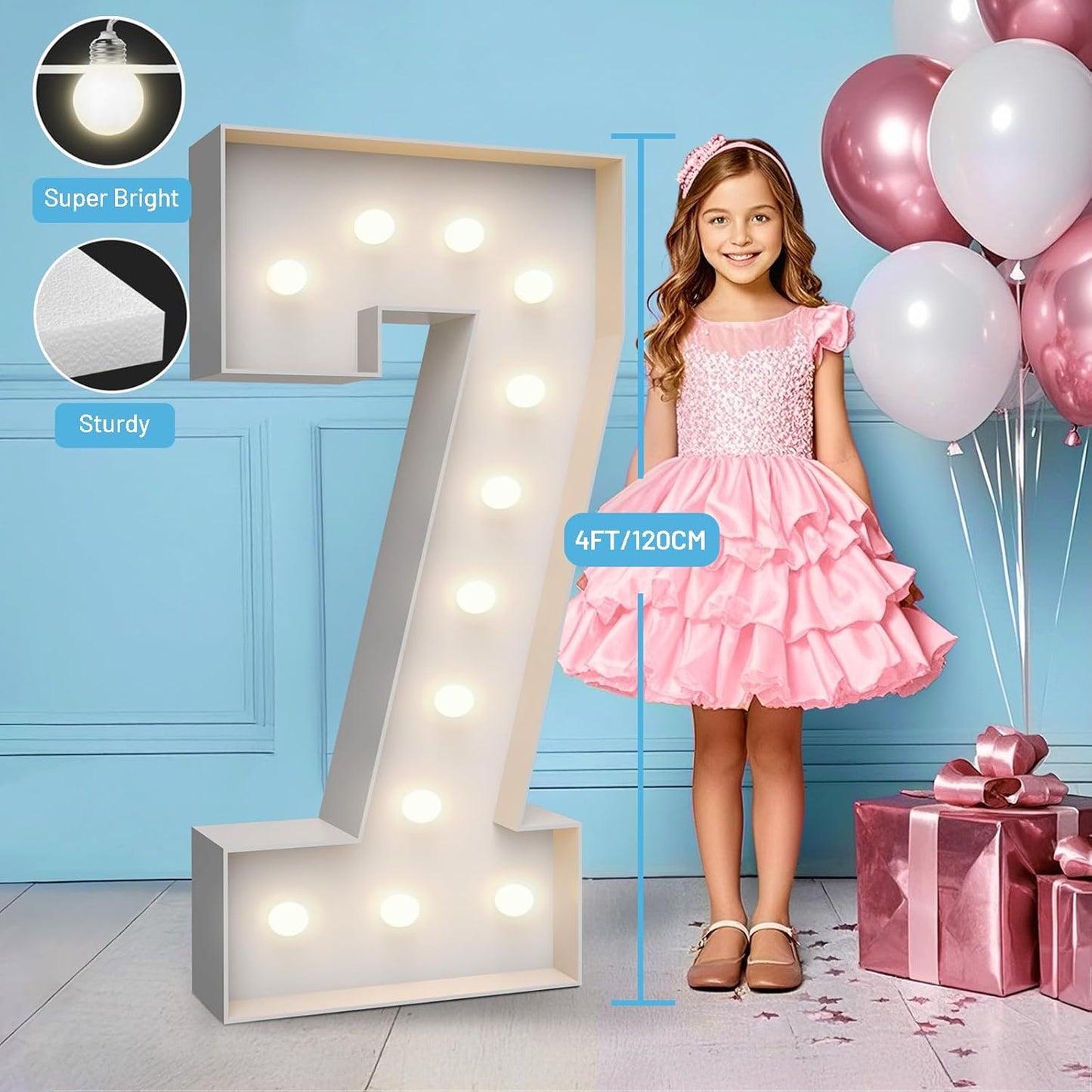 4FT Marquee Light Up Numbers 7,Party Decoration Large Marquee Light Up Letters with Weighted Water Bag,Pre-cut Foam Board Set Can Be Used for Birthdays,Weddings,Baby Anniversaries