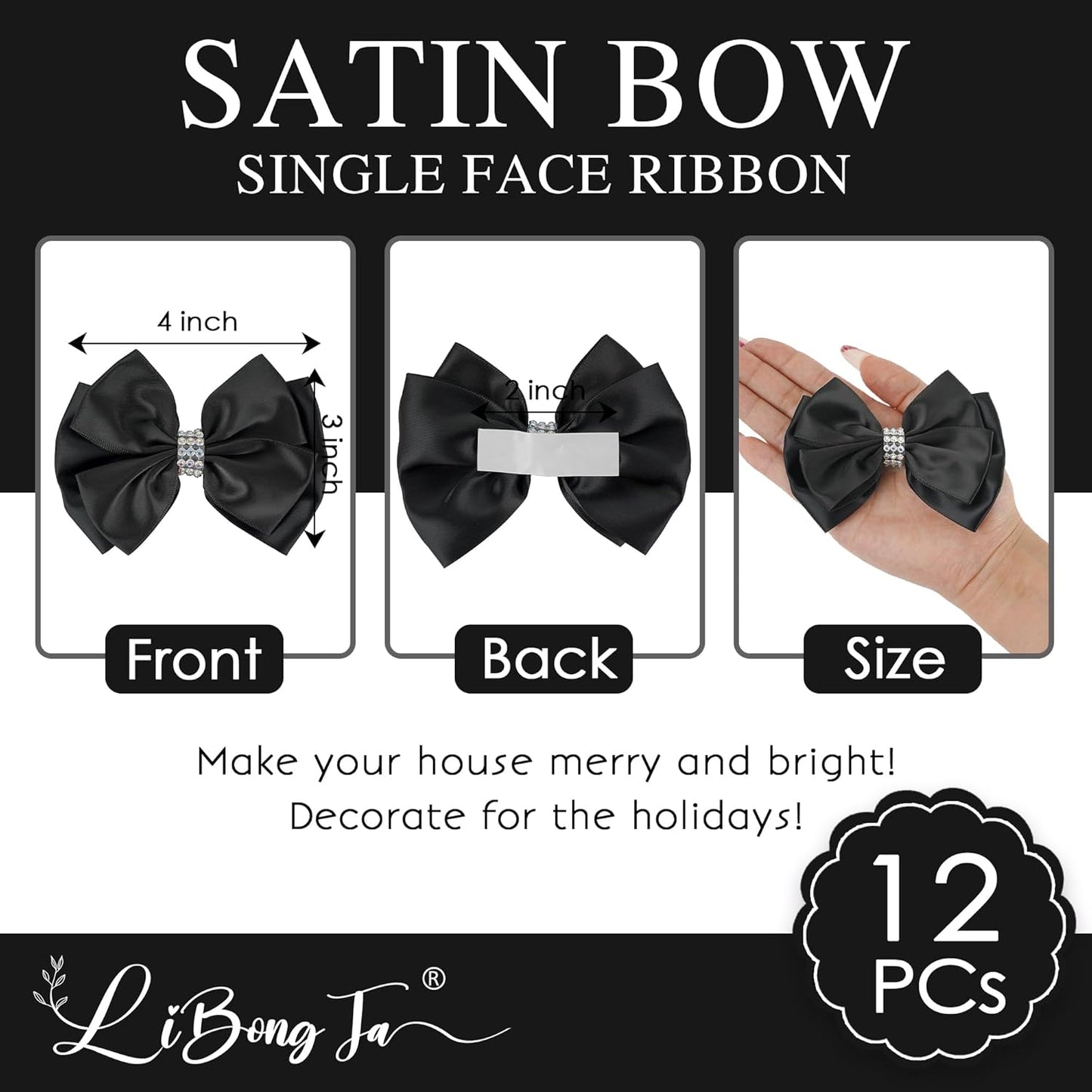 Black Satin Bows 4'' Premade Black Ribbon Bows, Gift Bows with Rhinestone, Wrapping Bows for Presents, Greeting Cards, Treat Bags, Wine Bottles, Valentines Bows for Gift Wrapping-12 Counts