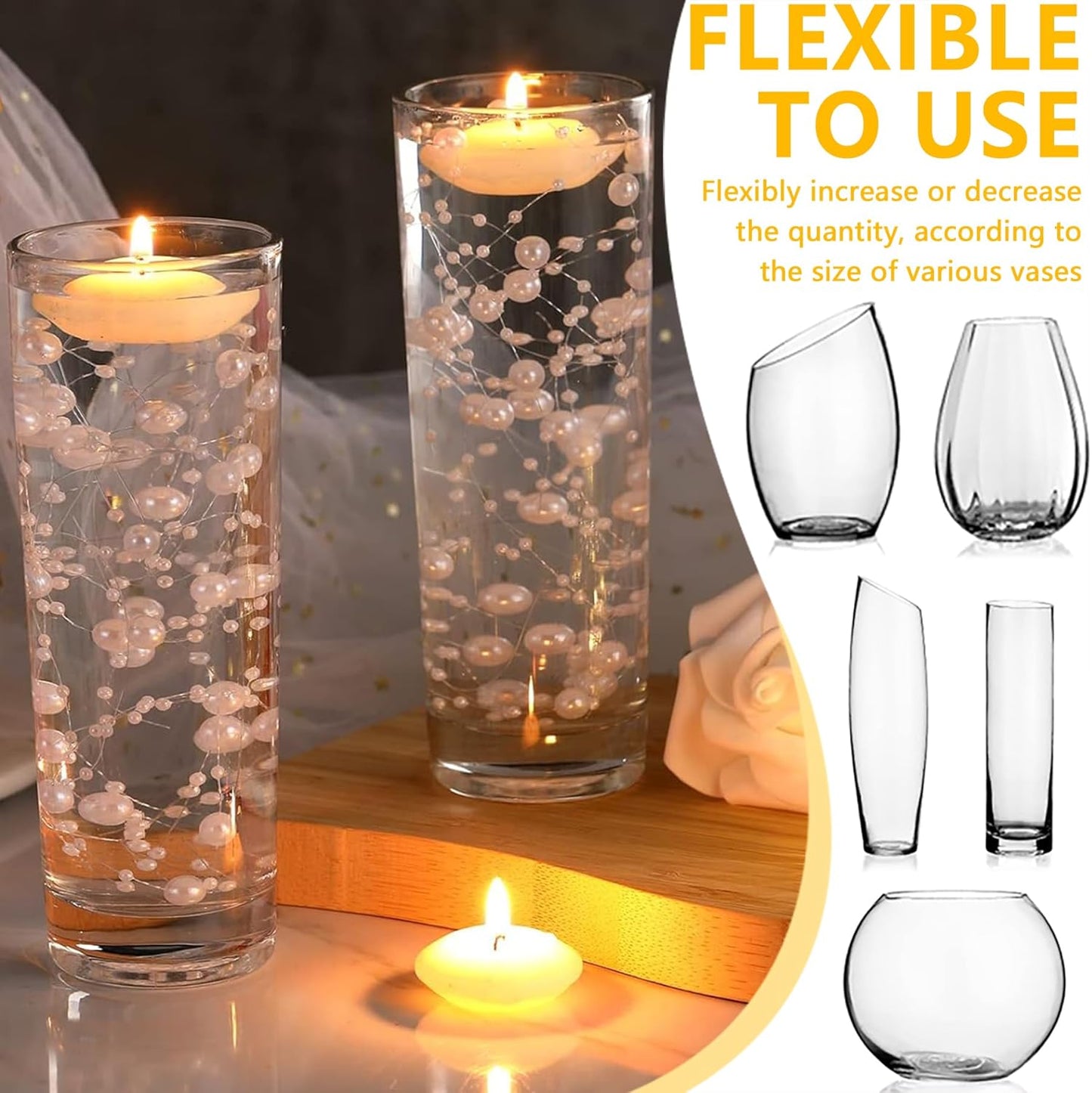 50 PCS Artificial Floating Beads for Centerpieces Vases, Clear 8+3mm String Beads for Wedding Party Faux Pearl String for Decorating, String Pearls for Crafts Vase Filler