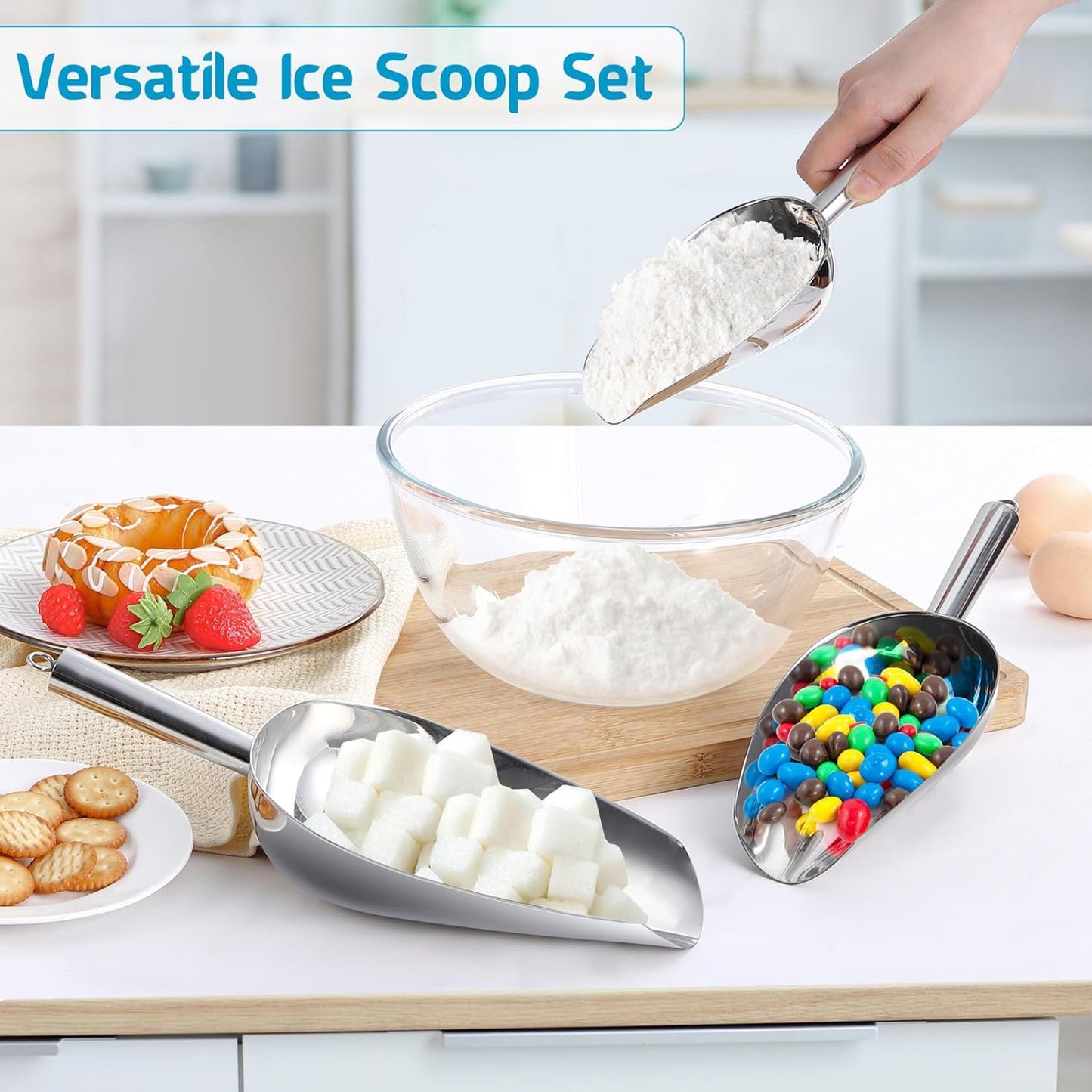 P&P CHEF Canister Scoop Set of 3, Ice Candy Scoop, Stainless Steel Multipurpose Food Scooper for Buffet Jar Freezer, Mirror Finish & Dishwasher Safe, Silver, 8+12+24 Oz