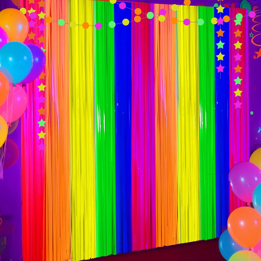4 Packs Glow in the Dark Foil Fringe Curtain, Macaron Rainbow Blacklight Reactive Fluorescent Tinsel Backdrop Neon Luminous Streamers for Birthday, Wedding, Neon Party, Glow Party Decorations Supplies