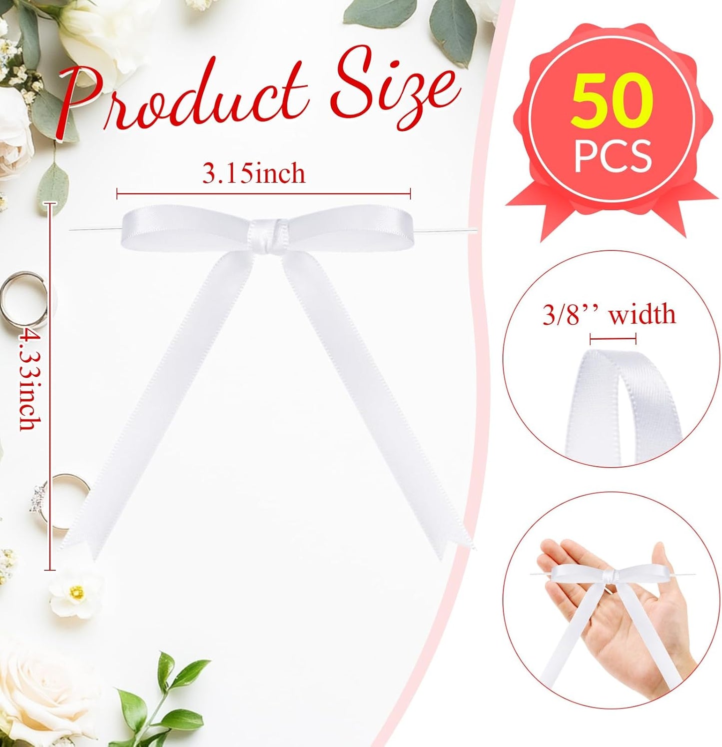 Riceshoot 50 Pcs Twist Tie Bows for Cake 3x4.5 Inch Satin Ribbon Bows for Gift Wrapping Treat Bags Craft DIY Wedding Baby Shower Birthday Party(White)