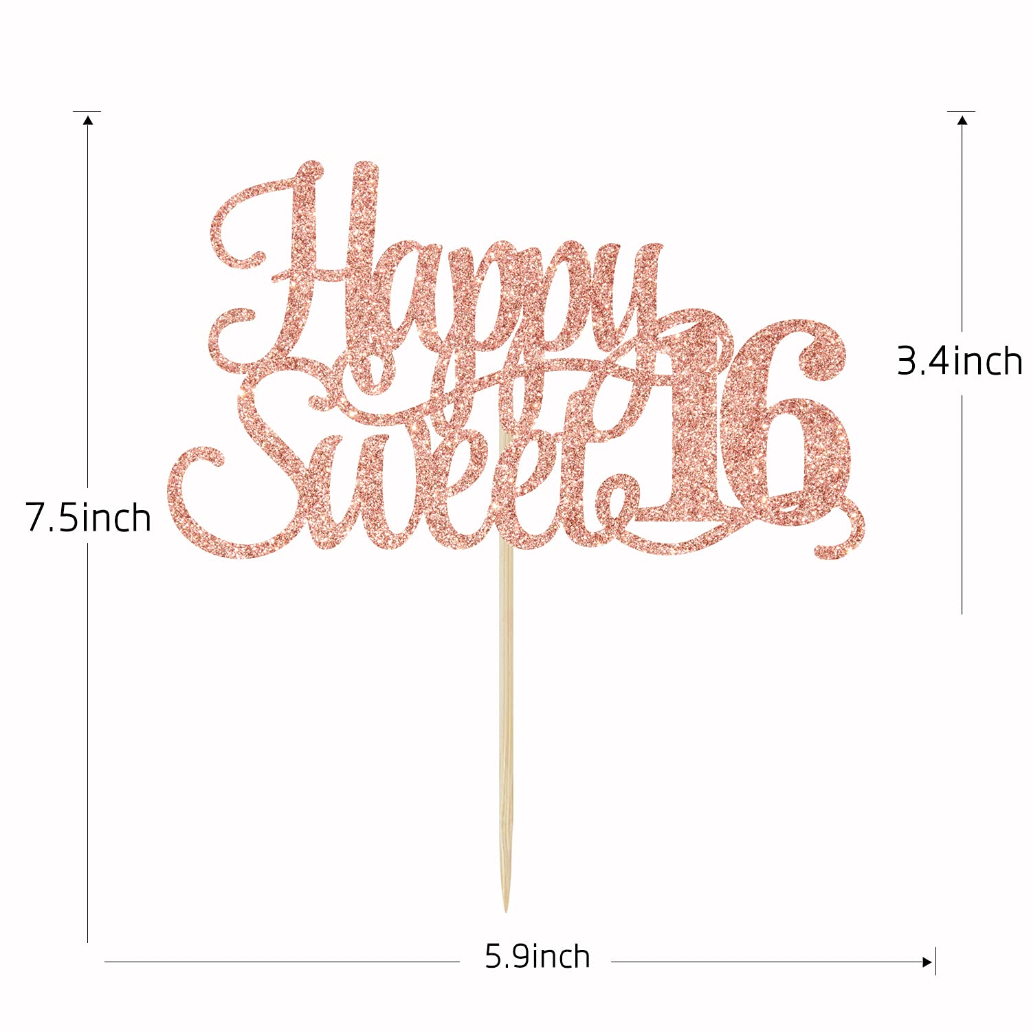 Rose Gold Glitter Happy Sweet 16 Cake Topper - Happy 16th Birthday Cake Decor - Hello 16, Cheers to