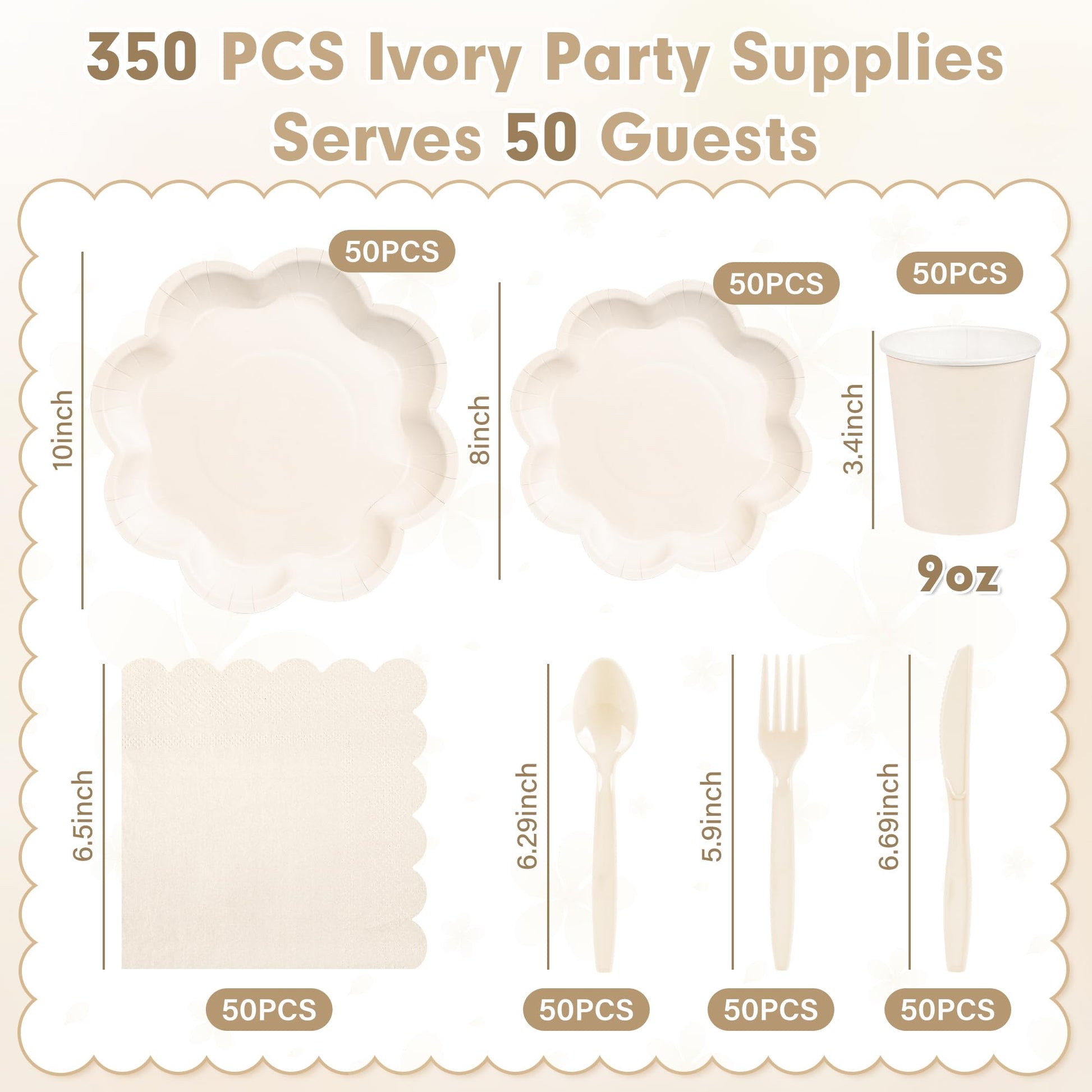 350 Pcs Party Plates and Cups and Napkins Ivory Scalloped Tableware Set
