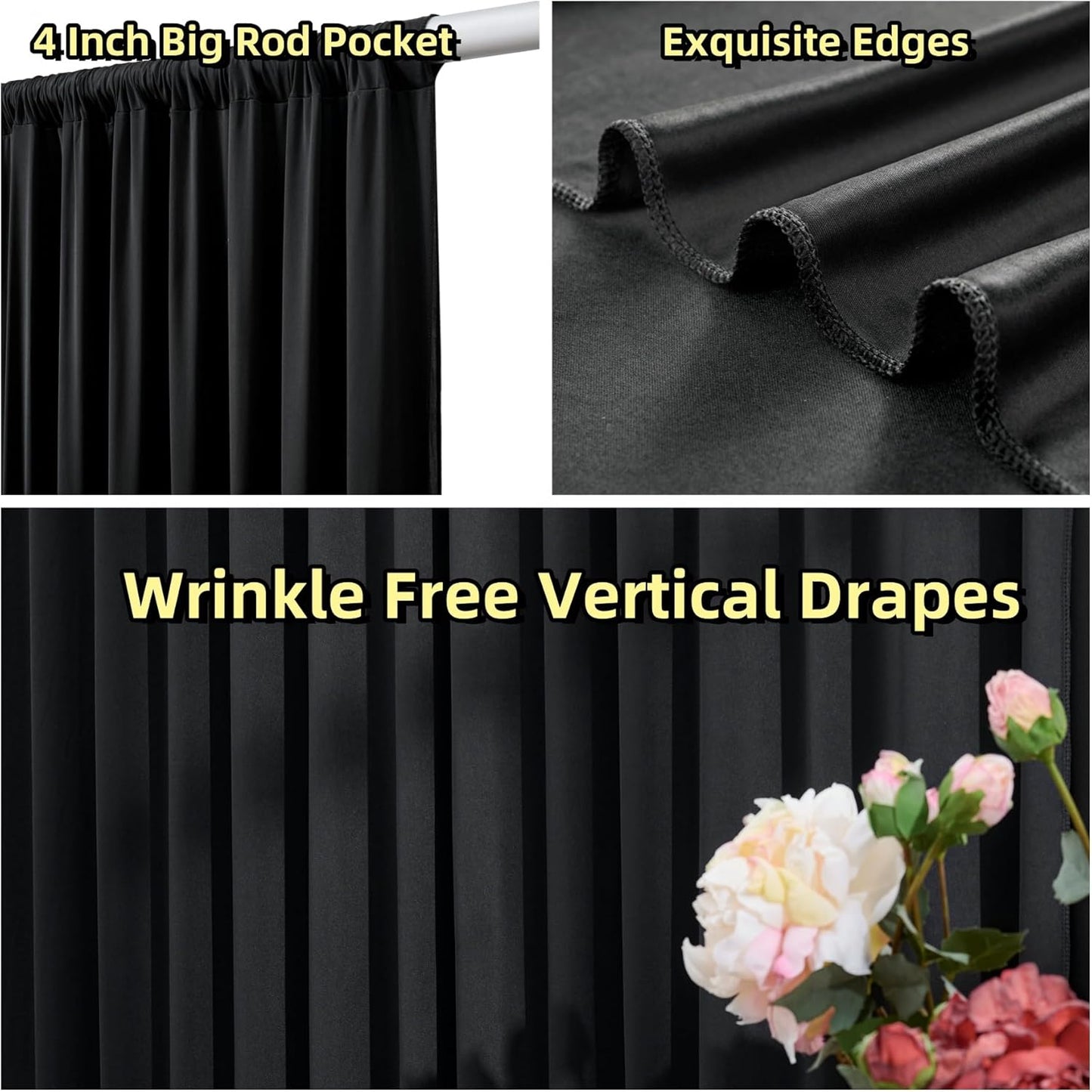 40 ft x 10 ft Wrinkle Free Black Backdrop Curtain for Parties, 8 Panels 10ft Polyester Black Photo Backdrop Drapes for Graduation Birthday Wedding Party Stage Curtains, Thick Bulk Background Curtains