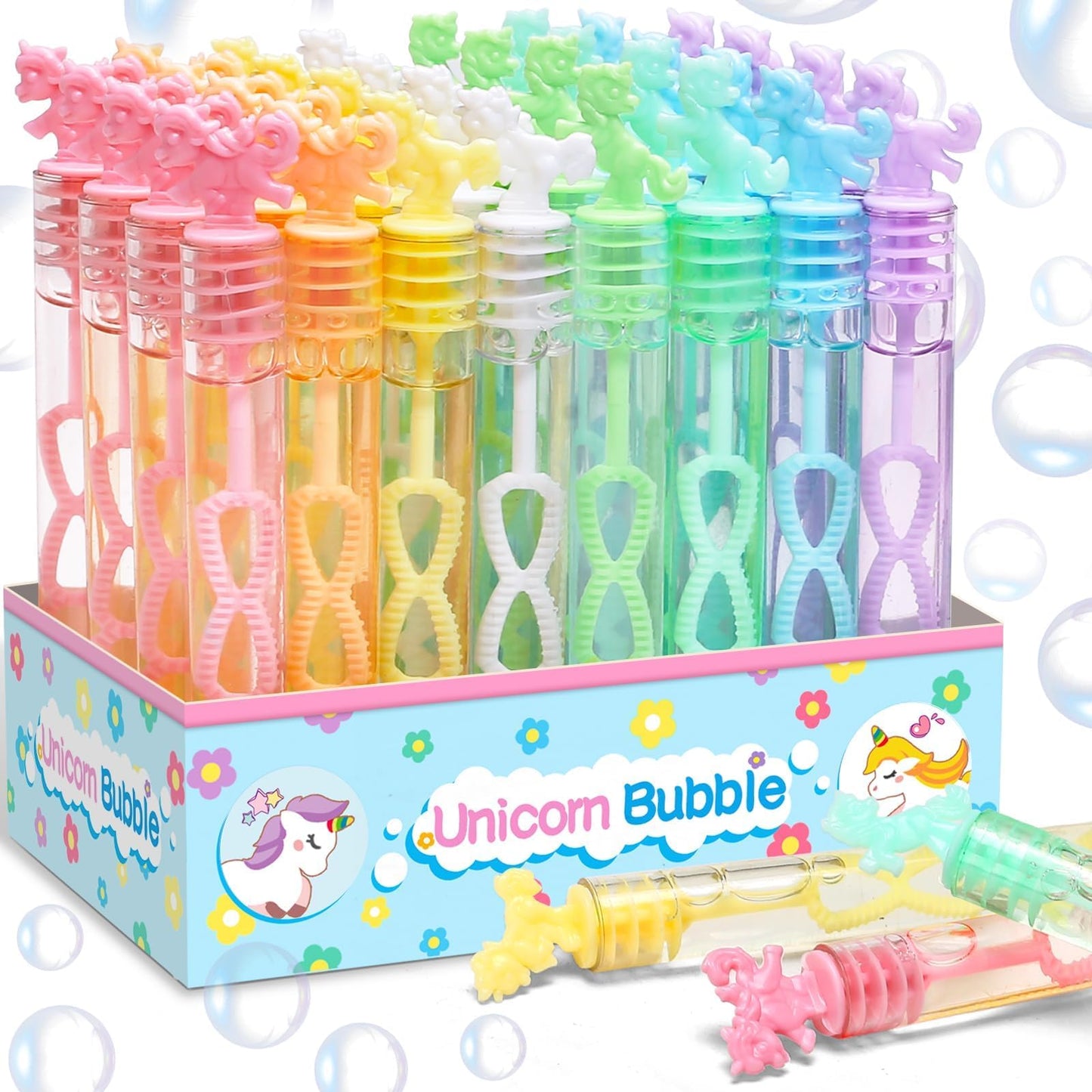 32 Piece Pastel Mini Unicorn Bubble Wand, Party Favors, with Gift Box