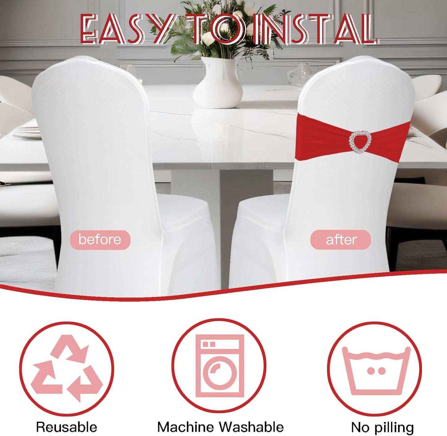 100PCS Spandex Stretch Red Chair Sashes Bows Universal Elastic Chair Cover Bands Ties with Buckle Slider for Wedding Party Birthday Reception Event Banquet Decoration(Red)