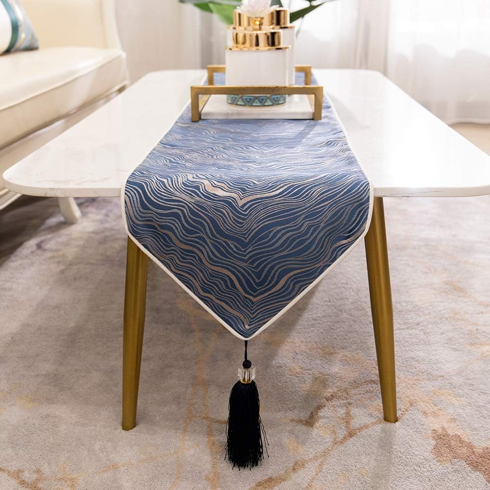 Avigers 12 x 59 Inch Decorative Luxury Abstract Striped Navy Blue Table Runners with Tassels for Home Living Room Bedroom Art Decor Wedding