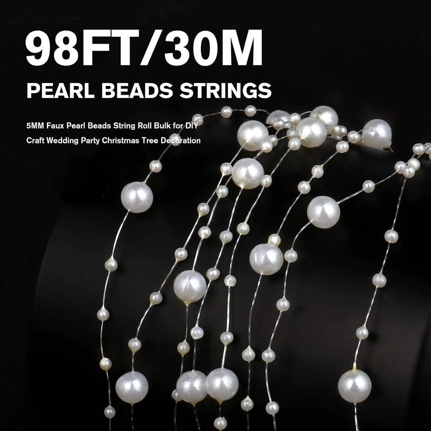 98FT Pearl Beads String Garland, 8mm 3mm Ivory Faux Pearl Beads Roll Strand Bulk for Wedding Party Flower Christmas Decoration DIY Craft