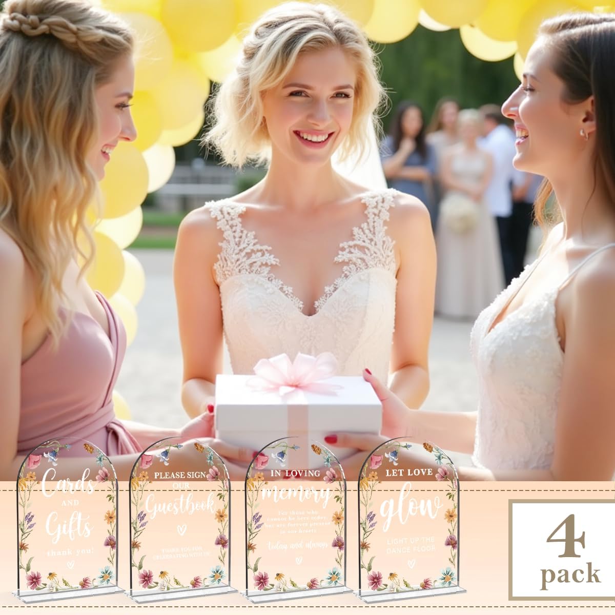 4 Pcs Acrylic Wedding Signs for Reception, Bridal Shower Decorations, Cards and Gifts Signs, Guest Book Sign, Arch Acrylic Table Top Sign with Holder for Wedding Reception (Clear Wildflowers)