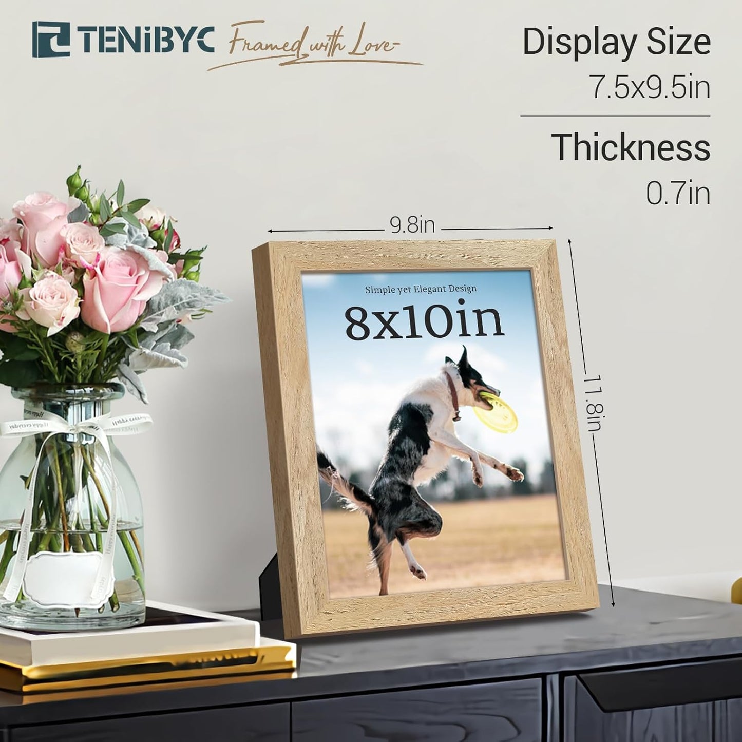 8x10 Picture Frame 4 Pack, Textured Natural Wood, HD Tempered Glass, Gallery Photo Frame, Table or Wall Display