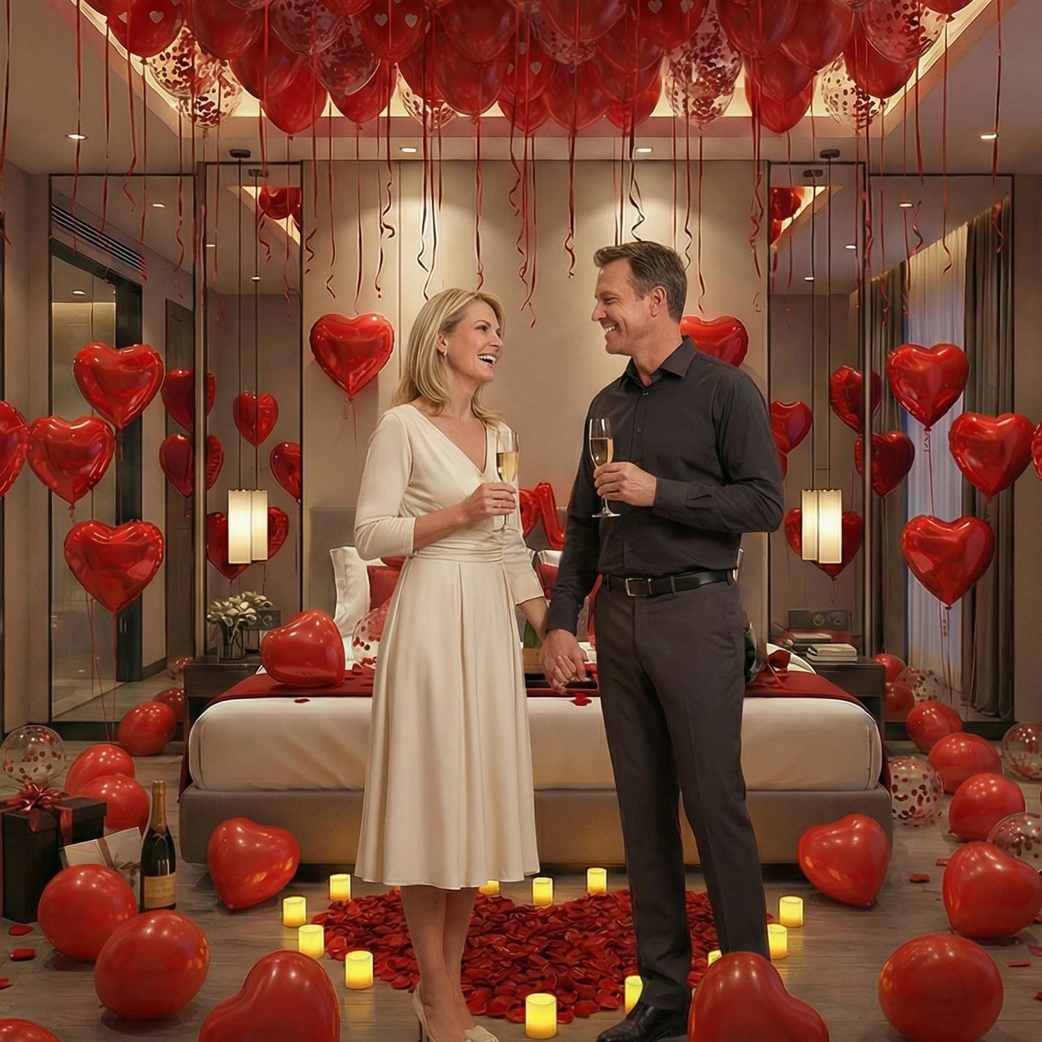 Valentine’s Day Decorations Set – Red Heart Balloon Kit with LOVE Foil, LED Candle Lights & Rose