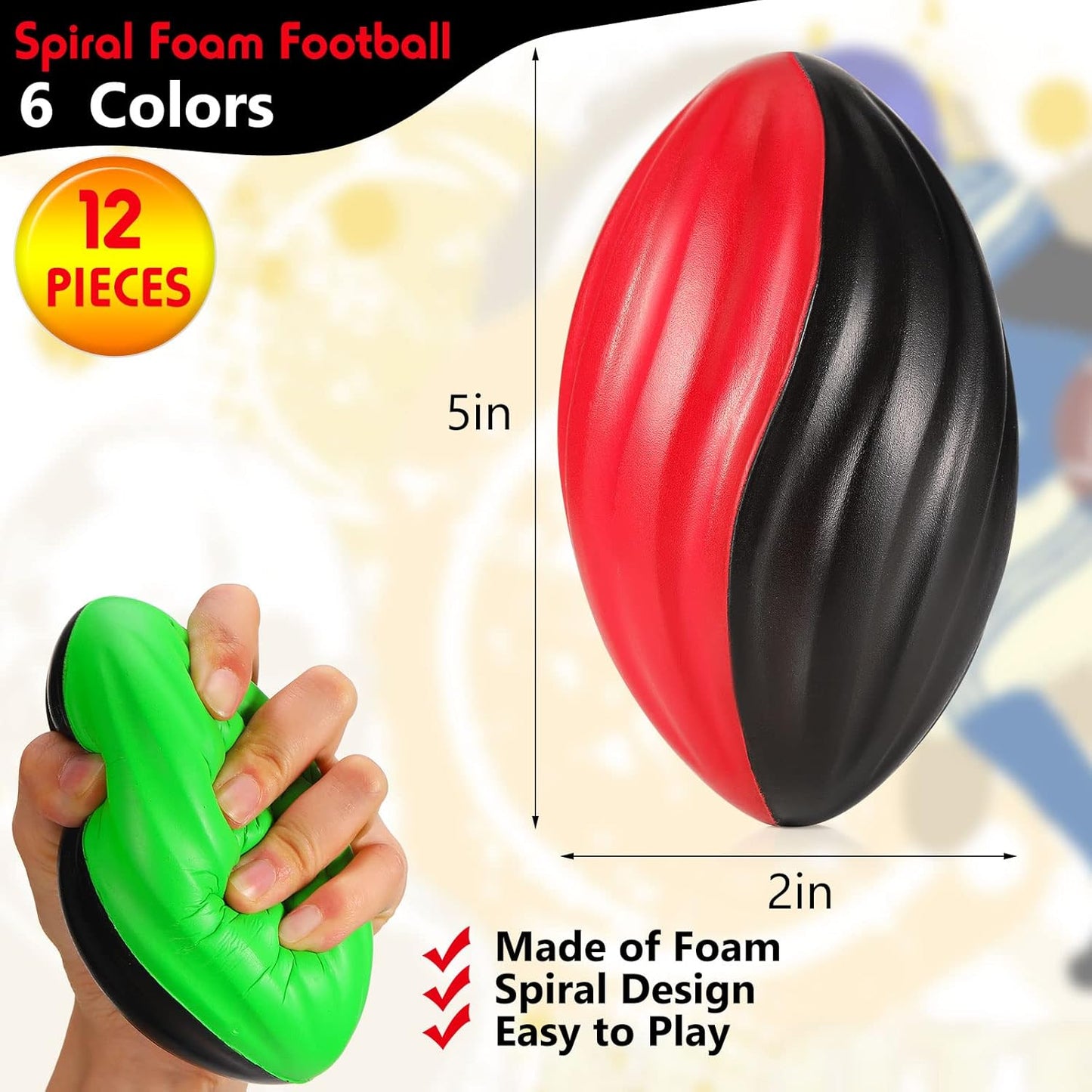 Jerify 12 Pcs Mini Footballs for Kids Spiral Foam Football Bulk 5 Inch Soft Small Waterproof Foam Ball Sports Birthday Toddler Football for Indoor and Outdoor Game(Assorted Color)