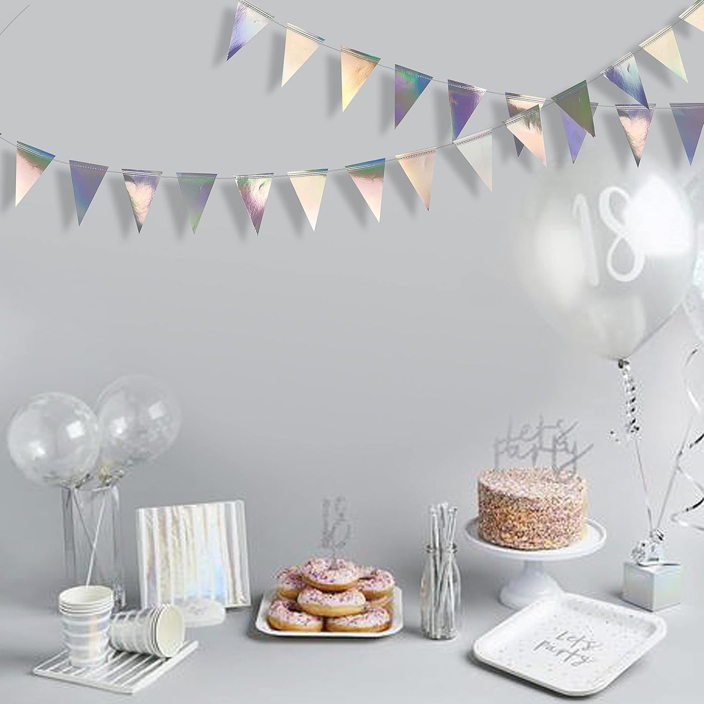 40Ft Iridescent Party Decorations Holographic Hanging Triangle Pennant Banner Flag Bunting Garland for Graduation Birthday Anniversary Engagement Wedding Bridal Baby Shower Disco Hen Party Supplies
