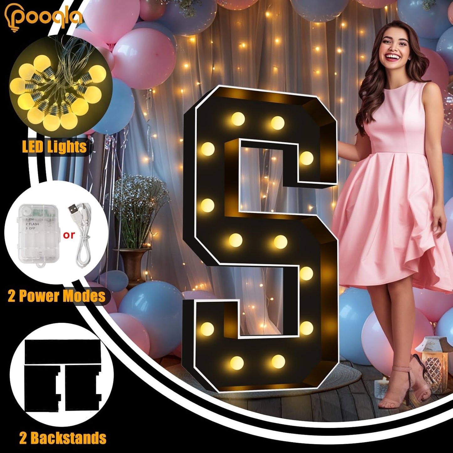 Pooqla 4 FT Marquee Light Up Letters, Black Marquee Letter Lights 4 Feet Tall for Birthday Decoration, Big Mosaic Letters Sign for Balloons Party Anniversary Wedding Decorations, Giant Warm White W