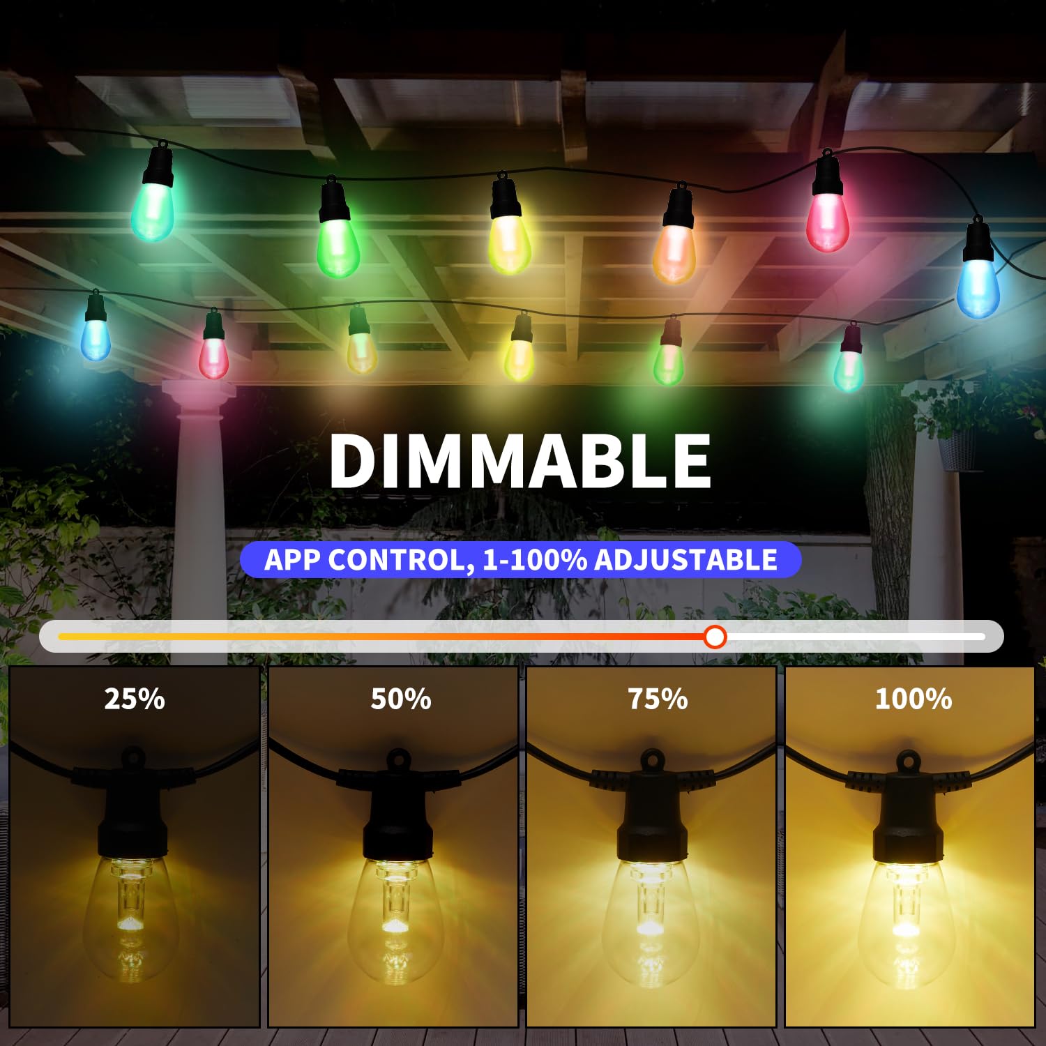 CAWWS Outdoor String Lights 50FT, Color Changing Patio Lights, Waterproof