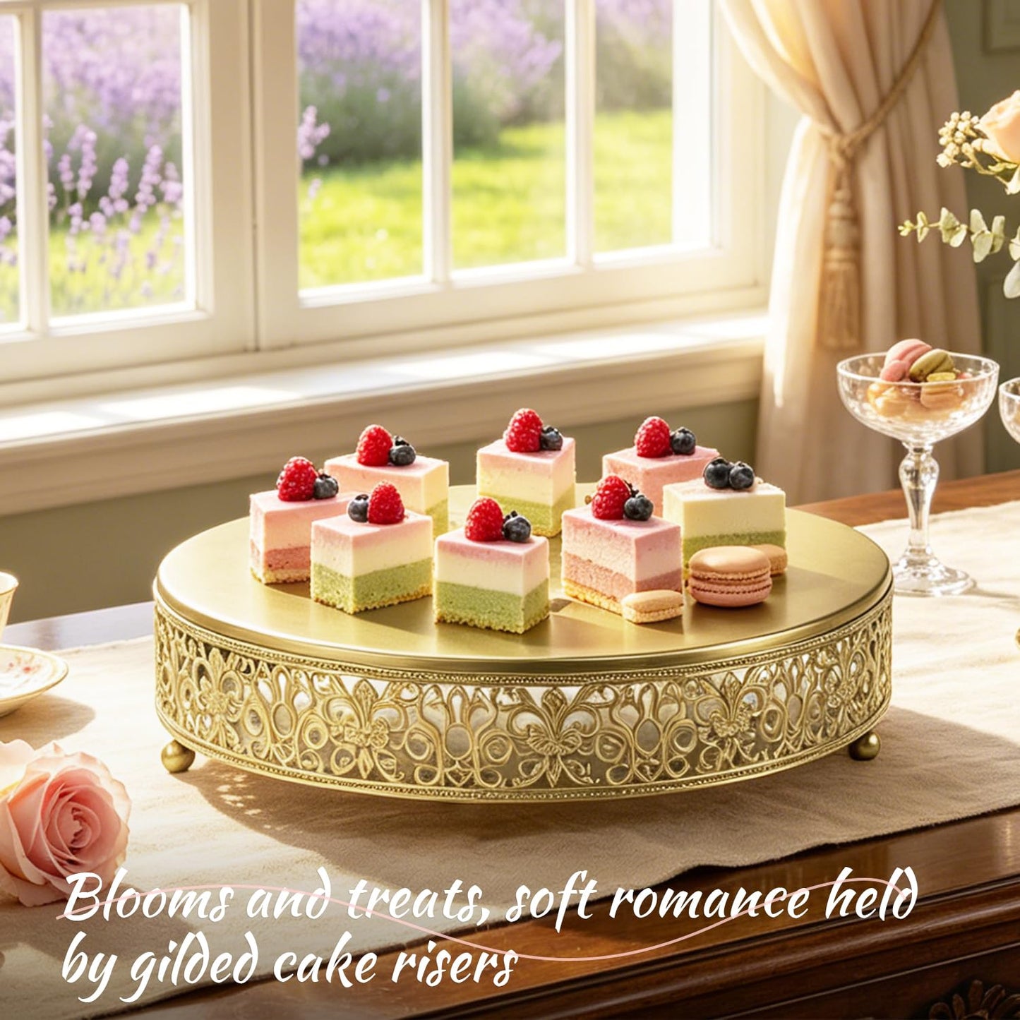 FEICTPOX 12 Inch Luxury Light Gold Cake Stand, Round Metal Dessert Display with Ornate Filigree