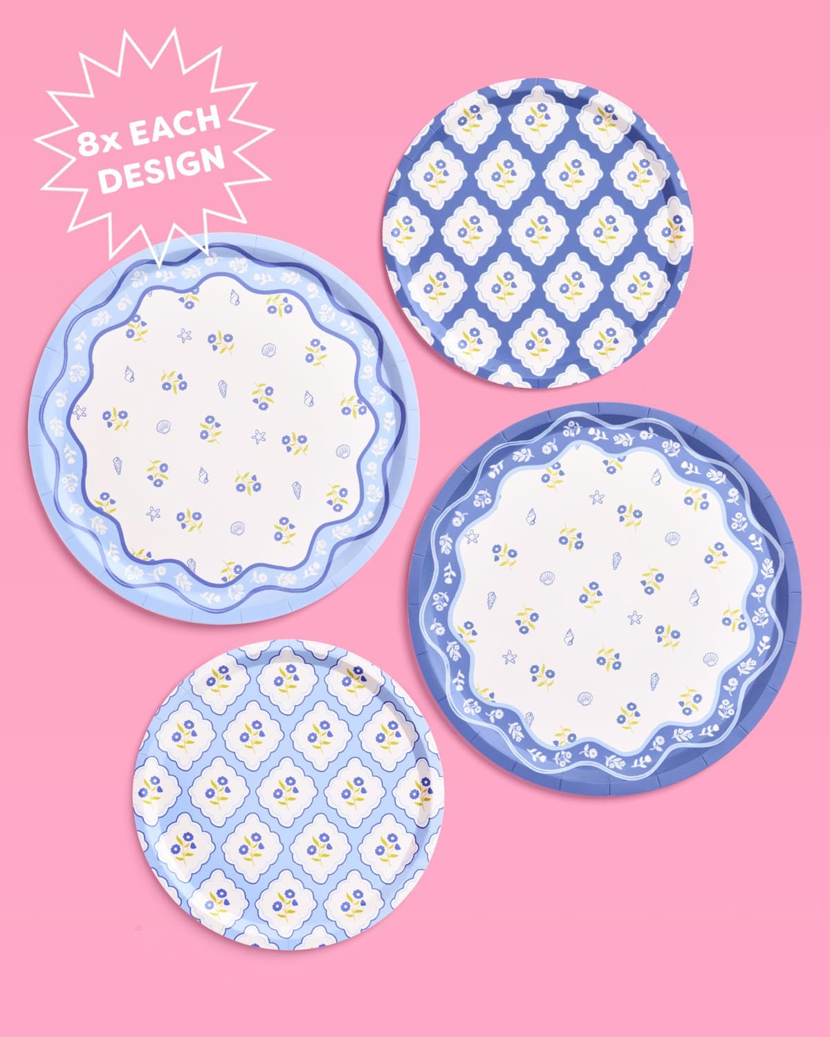 xo, Fetti Blue Coastal Paper Plates | 32 pcs, 2 sizes | Nautical Bachelorette Decorations, Seaside Dinner Party Setting, Beach Birthday Decor, Floral Tablescape